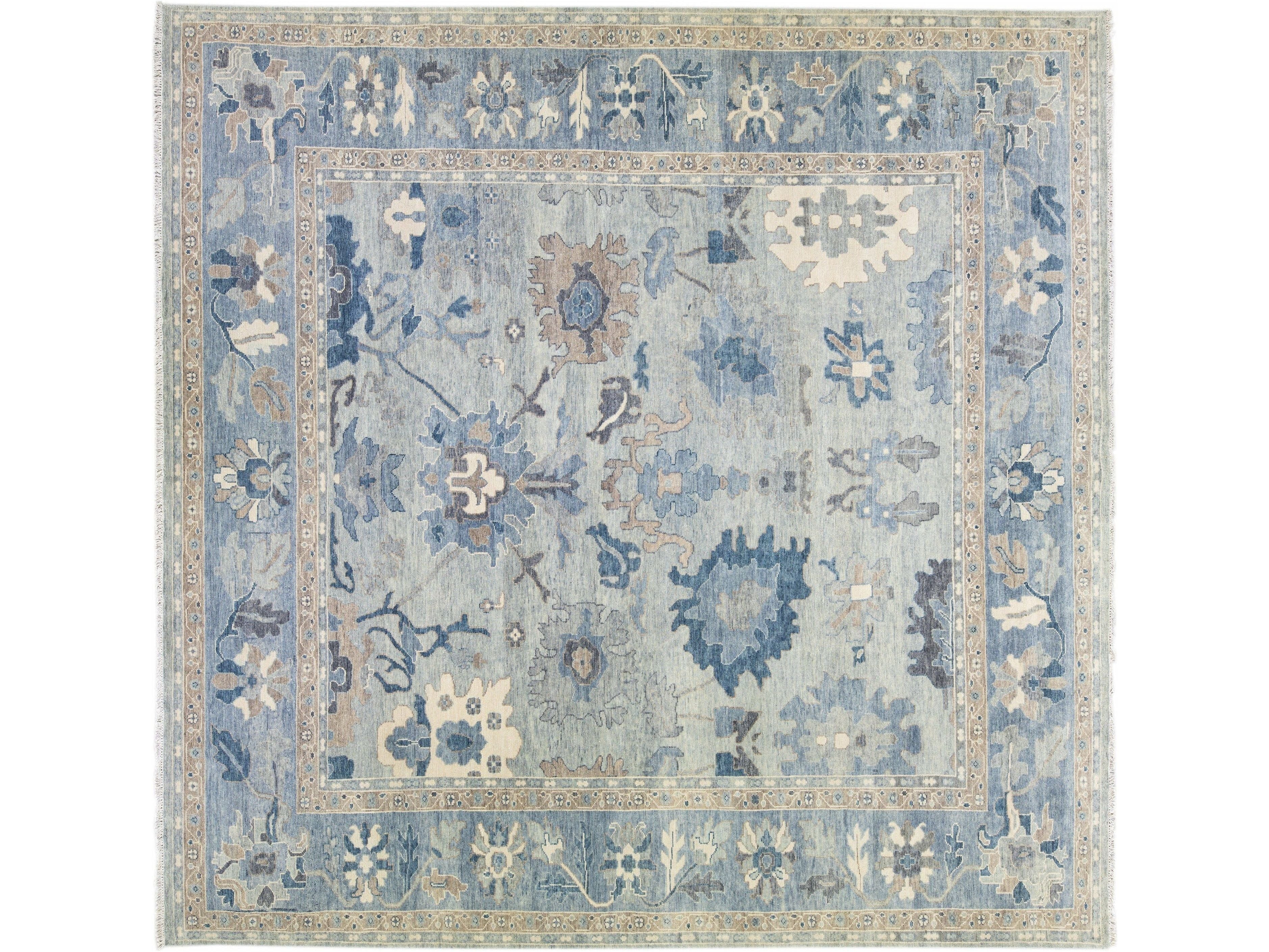 Modern Oushak Handmade Floral Motif Silver and Blue Oversize Wool Rug