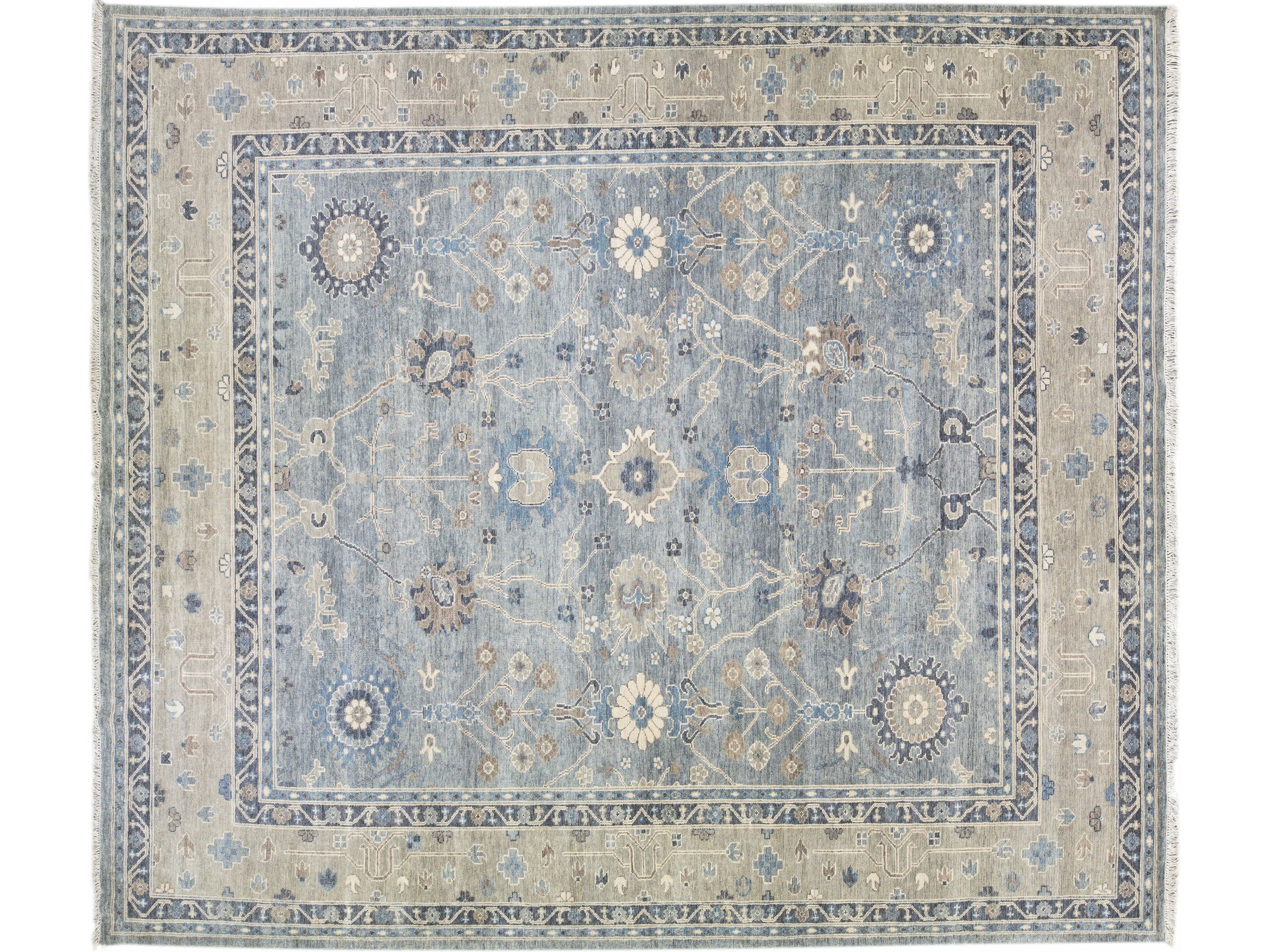 Gray Modern Oushak Style Handmade Floral Motif Oversize Wool Rug