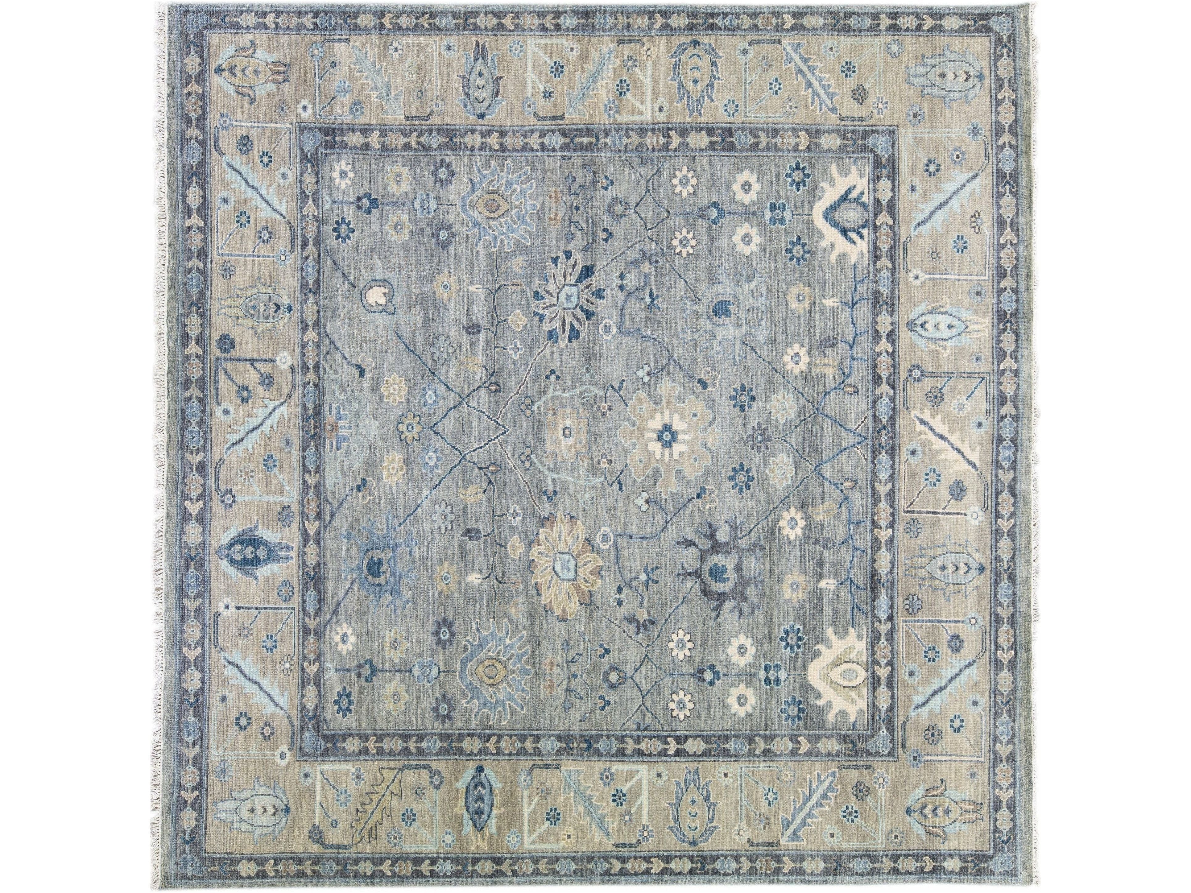 Modern Gray Oushak style Handmade Floral Motif Square Wool Rug