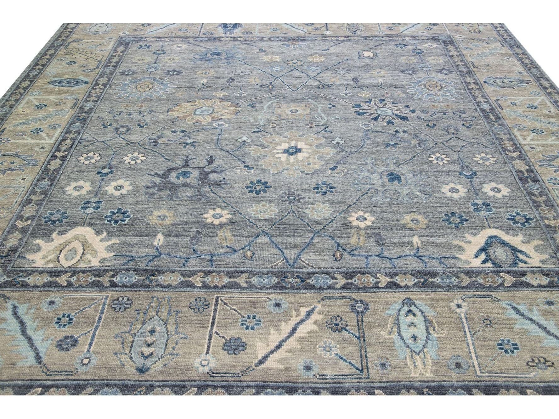 Modern Gray Oushak style Handmade Floral Motif Square Wool Rug