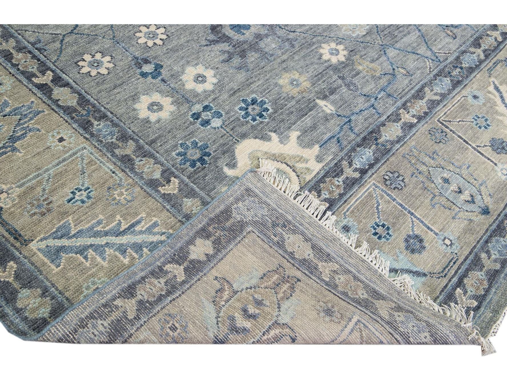 Modern Gray Oushak style Handmade Floral Motif Square Wool Rug