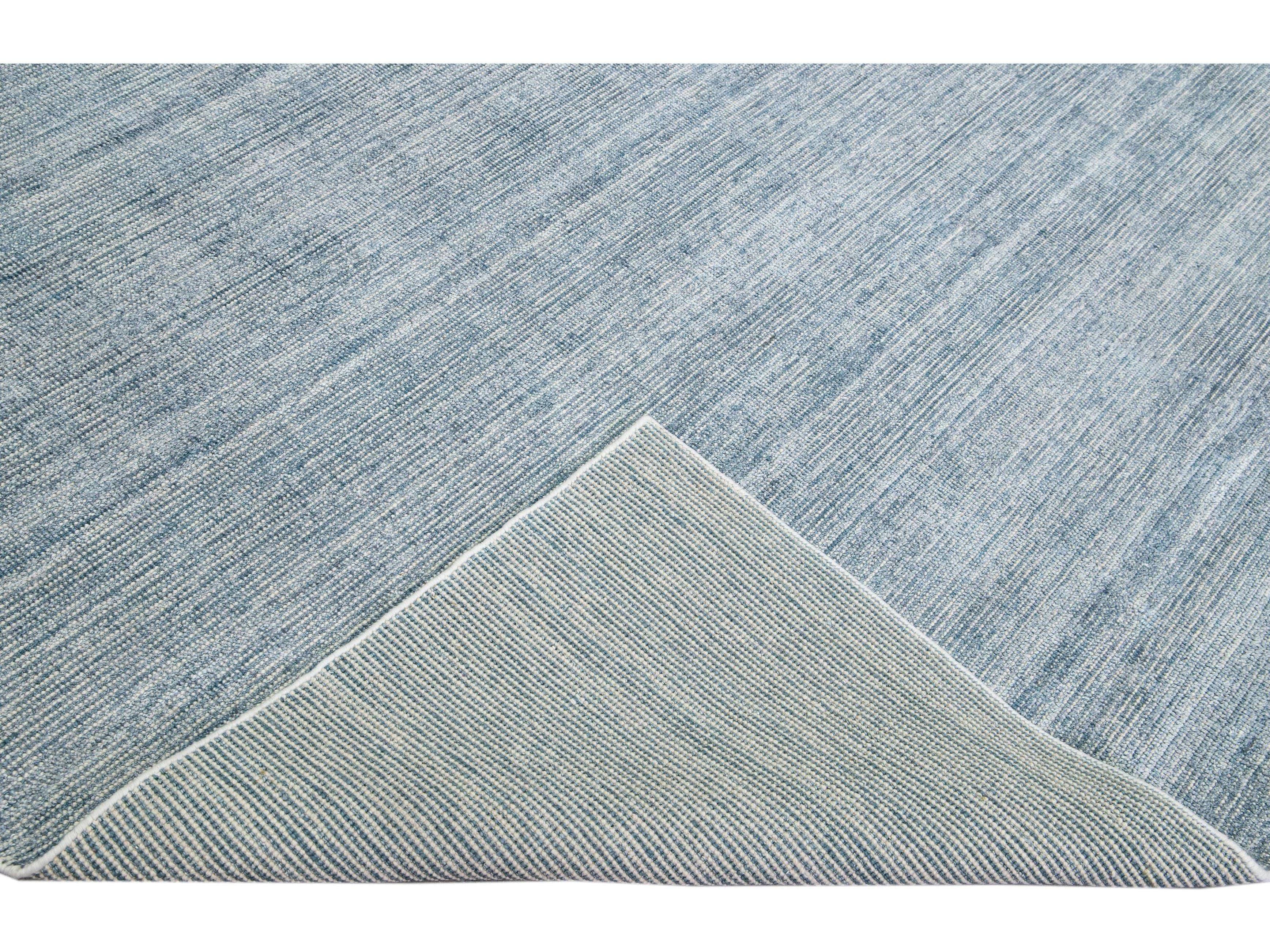 Modern Apadana's Groove Bamboo/Silk Handmade Blue Rug