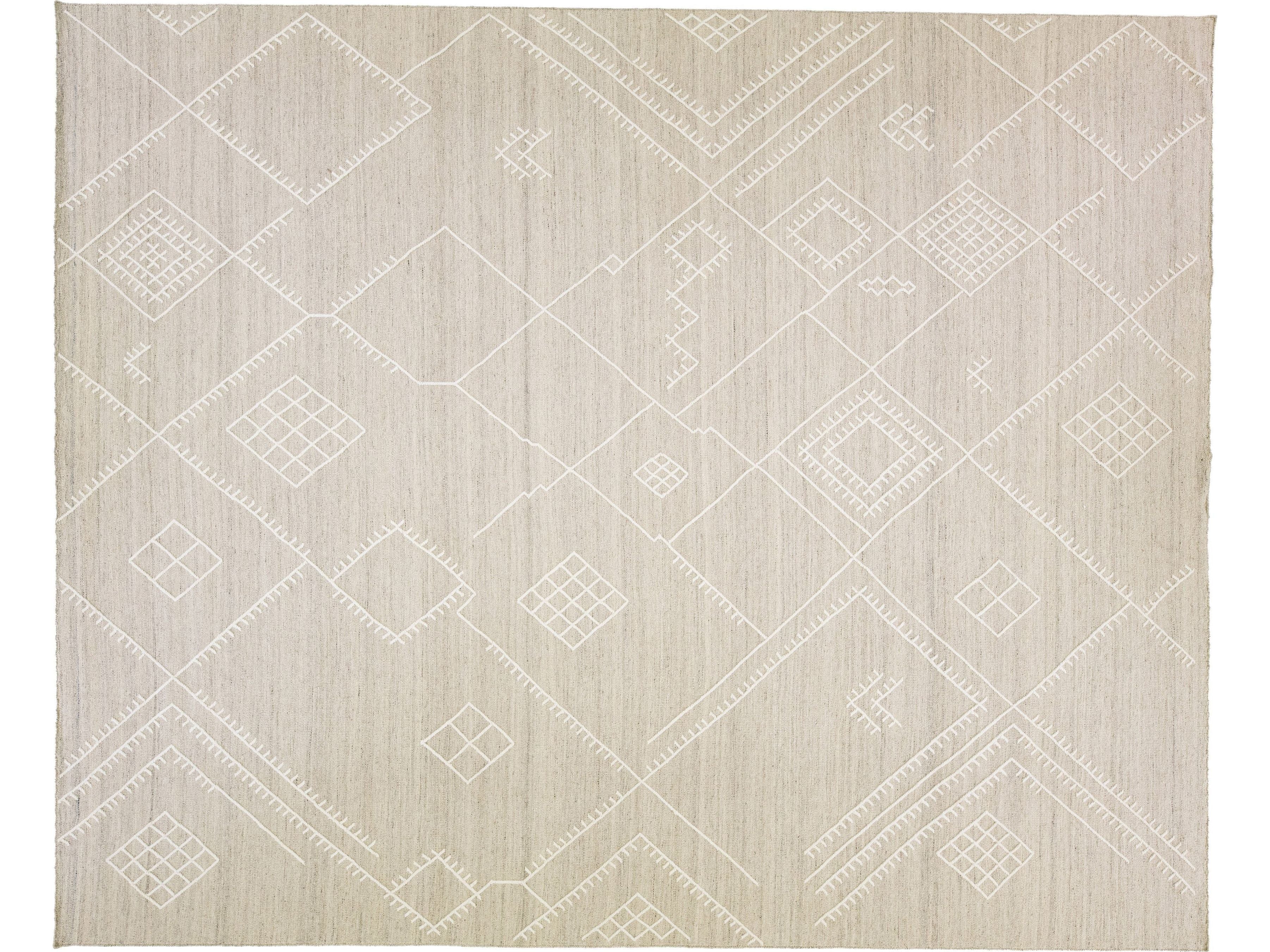 Apadana's Nantucket Collection Beige Flatweave Kilim Coastal Designed Wool Rug