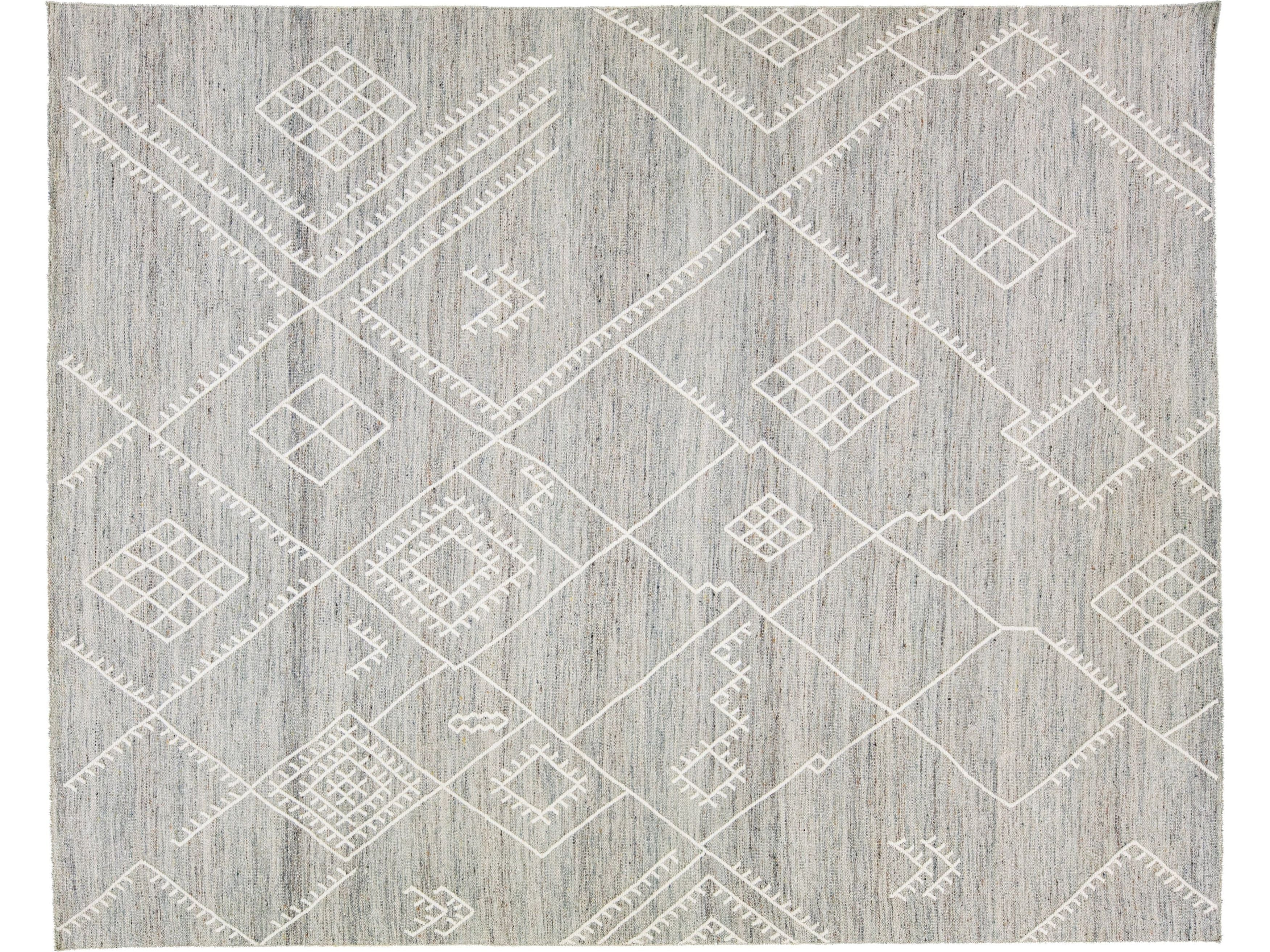 Apadana's Nantucket Collection Flatweave Kilim Coastal Designed Grey Wool Rug