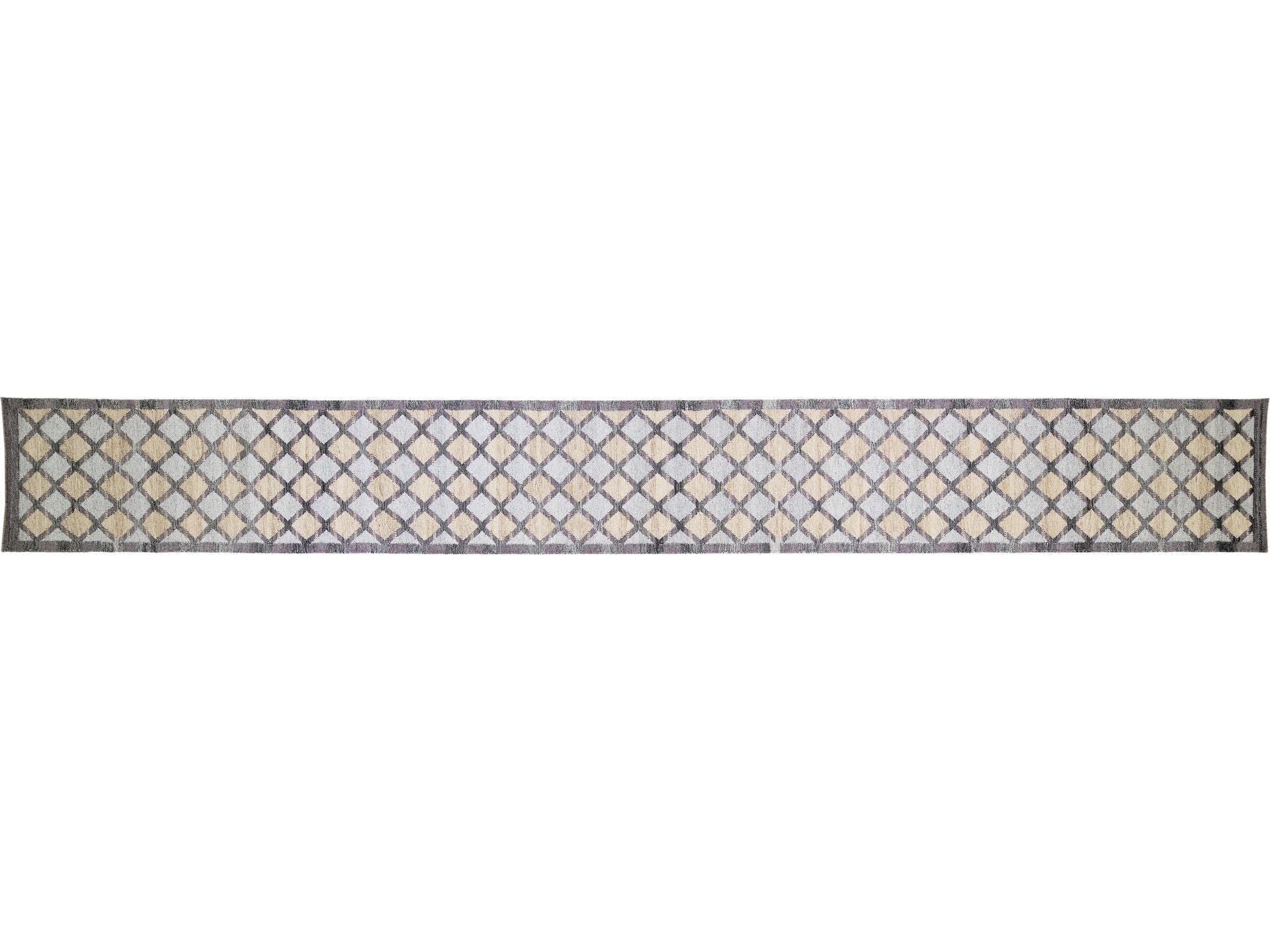 Gray Modern Swedish Style Handmade Geometric Motif Long Wool Runner