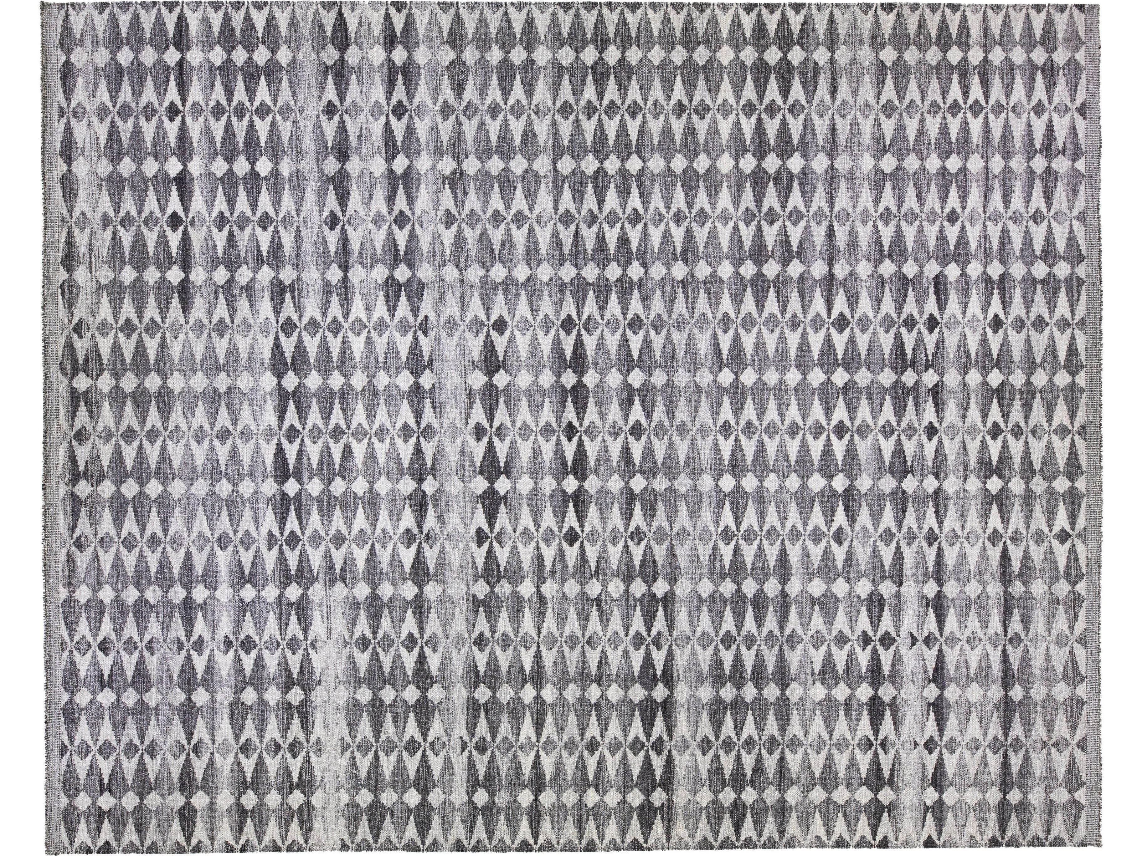 Modern Swedish Style Handmade Oversize Gray Wool Rug With Geometric Pattern