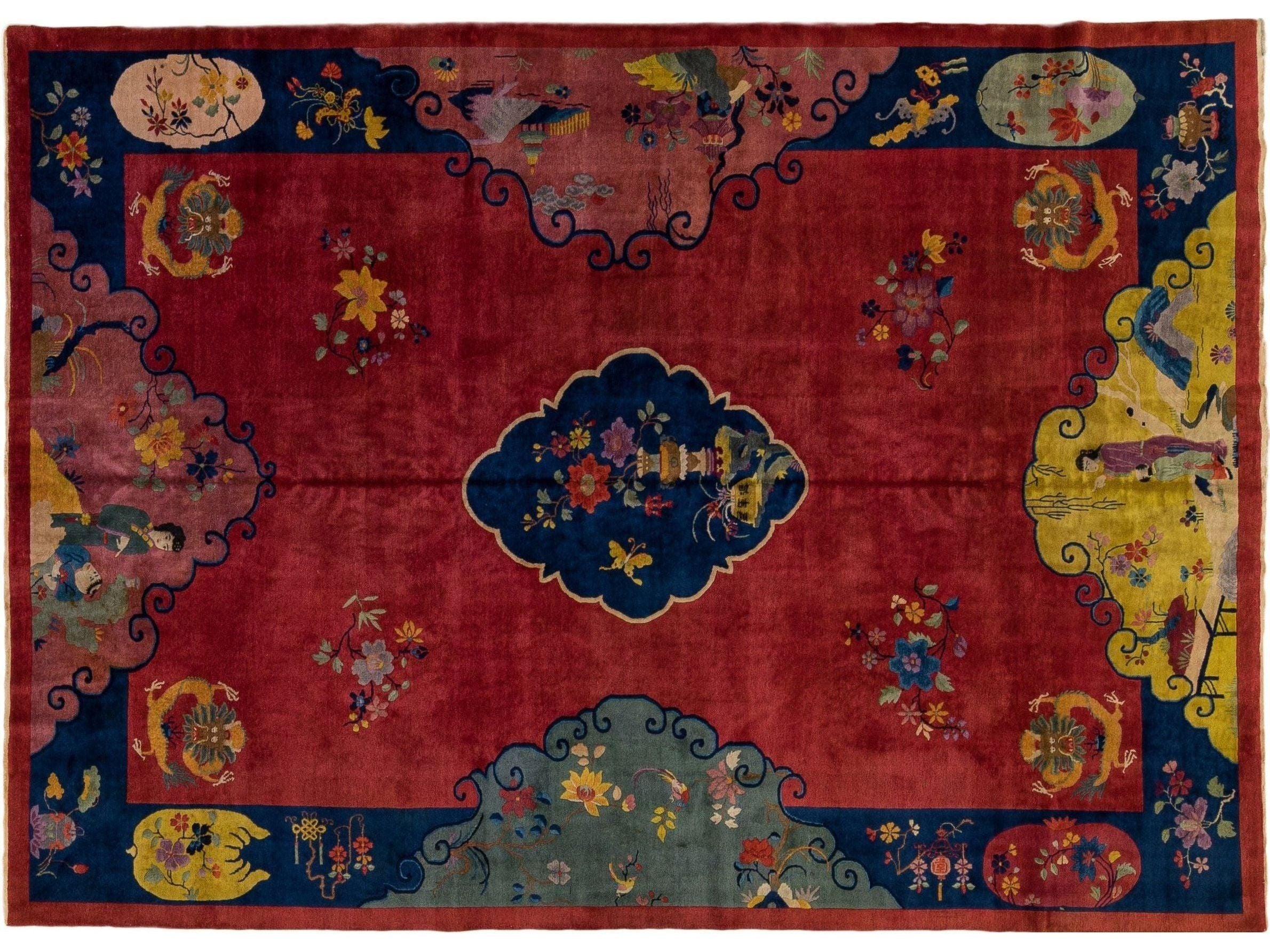 Antique Art Deco Handmade Multicolor Chinese Culture Designed Red Wool Rug