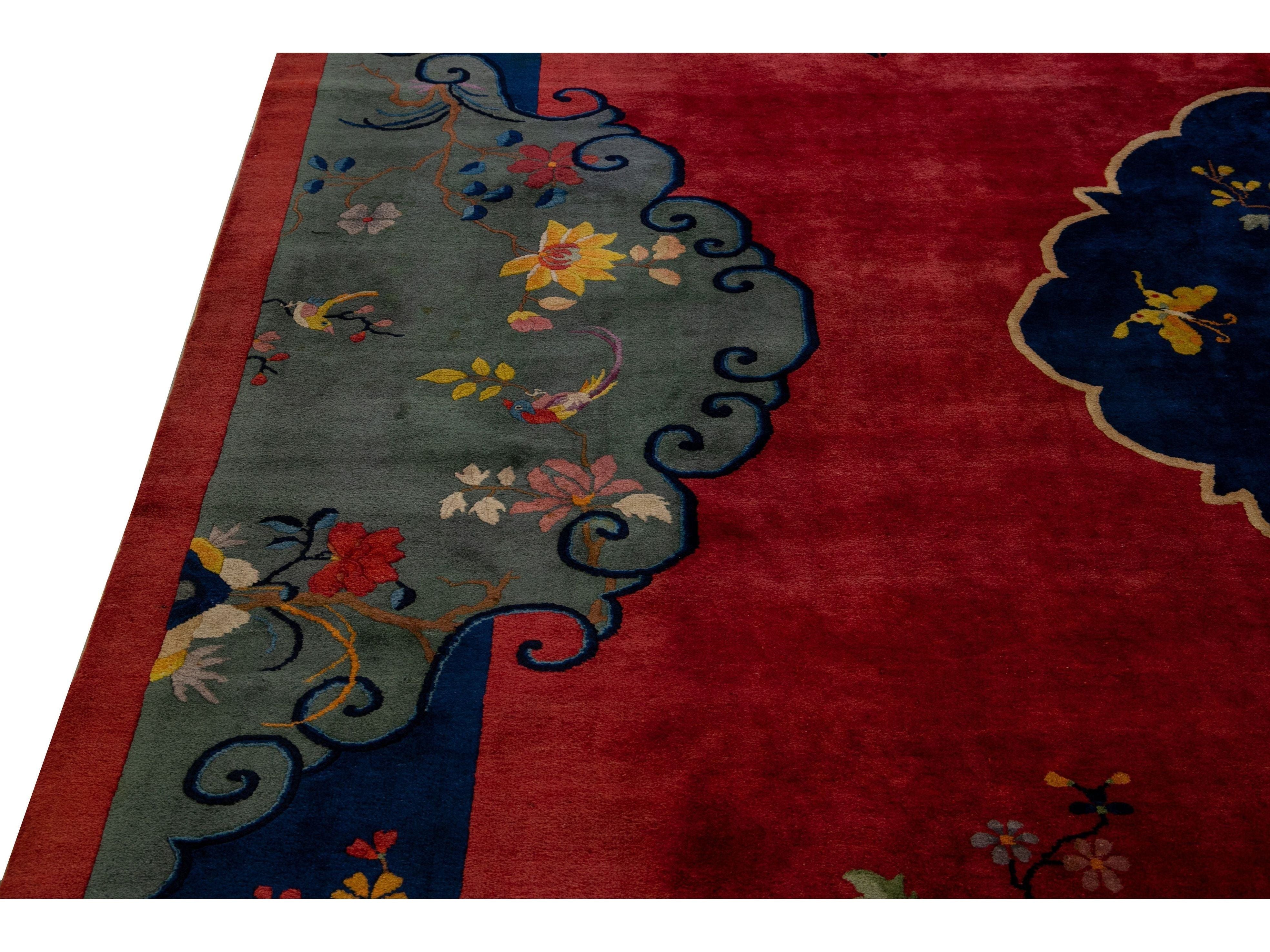 Antique Art Deco Handmade Multicolor Chinese Culture Designed Red Wool Rug