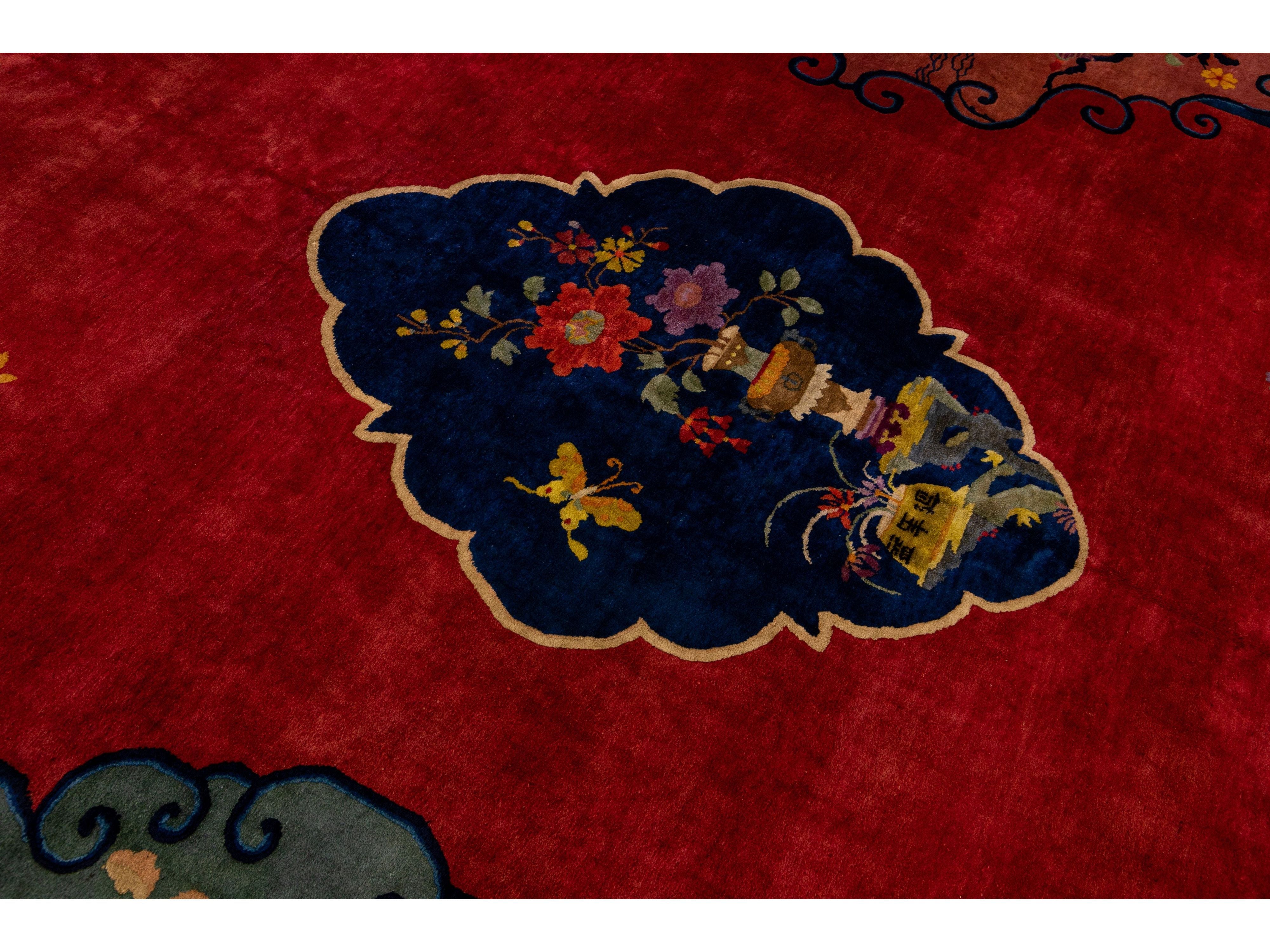 Antique Art Deco Handmade Multicolor Chinese Culture Designed Red Wool Rug