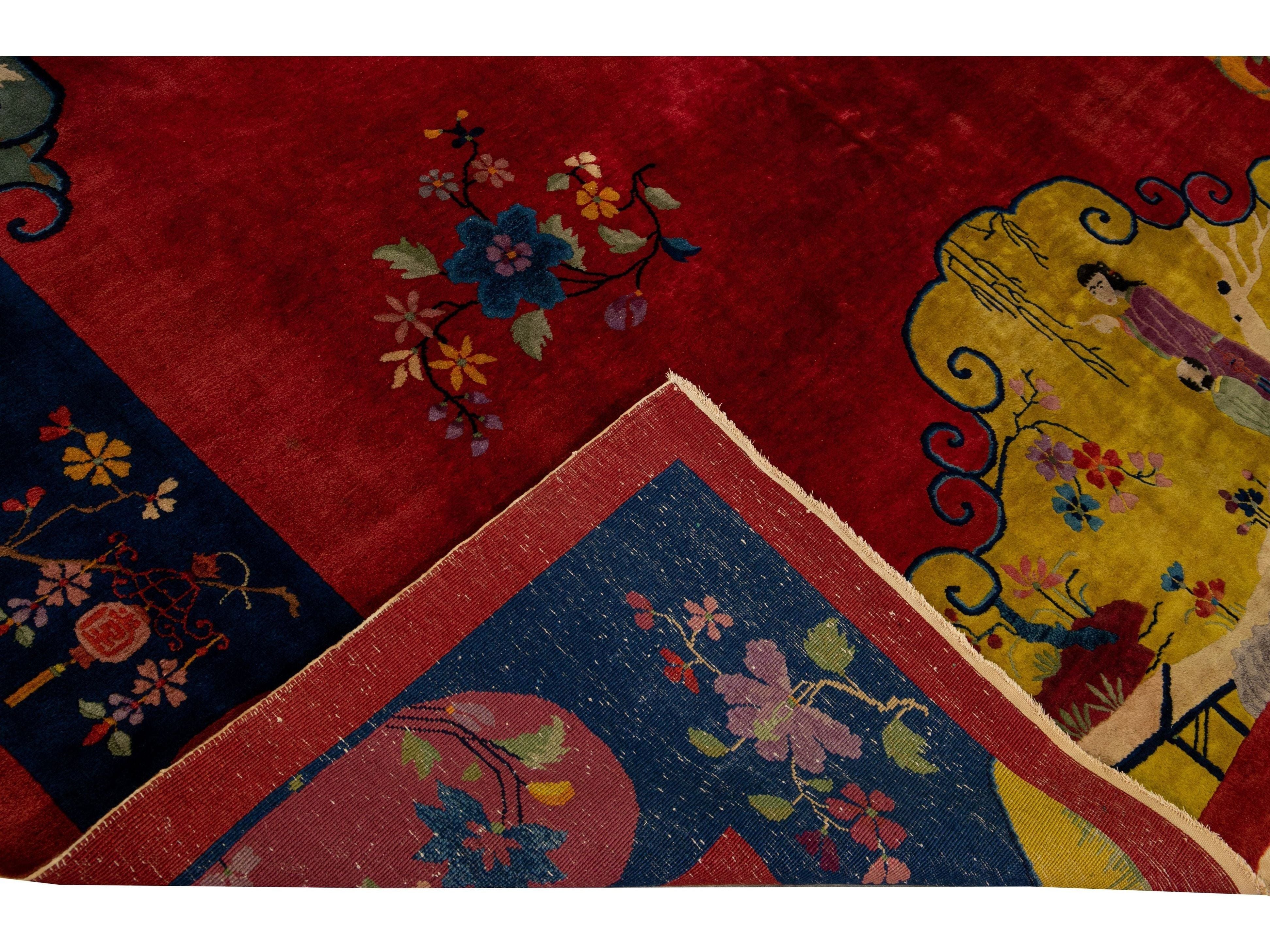Antique Art Deco Handmade Multicolor Chinese Culture Designed Red Wool Rug