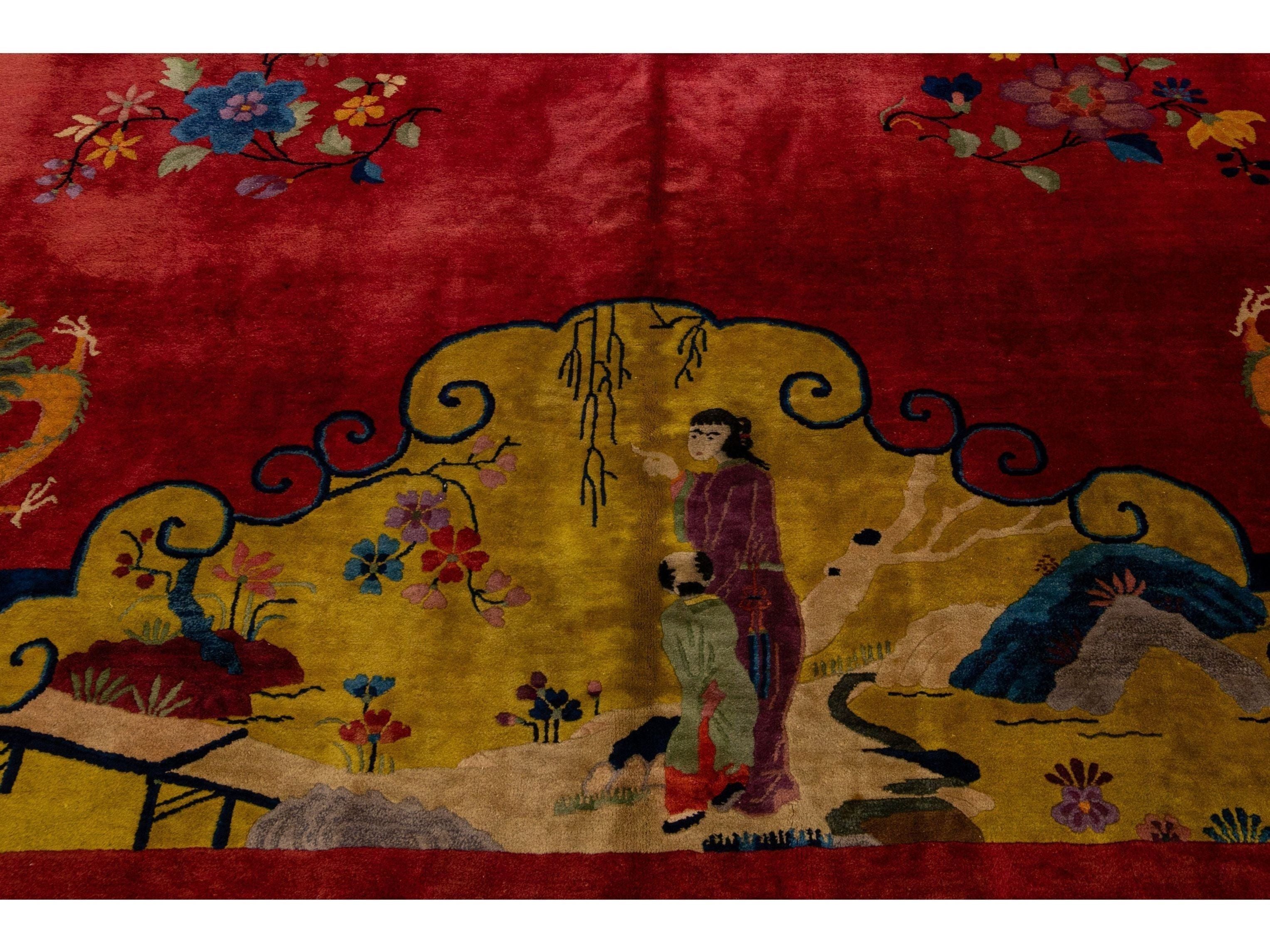 Antique Art Deco Handmade Multicolor Chinese Culture Designed Red Wool Rug