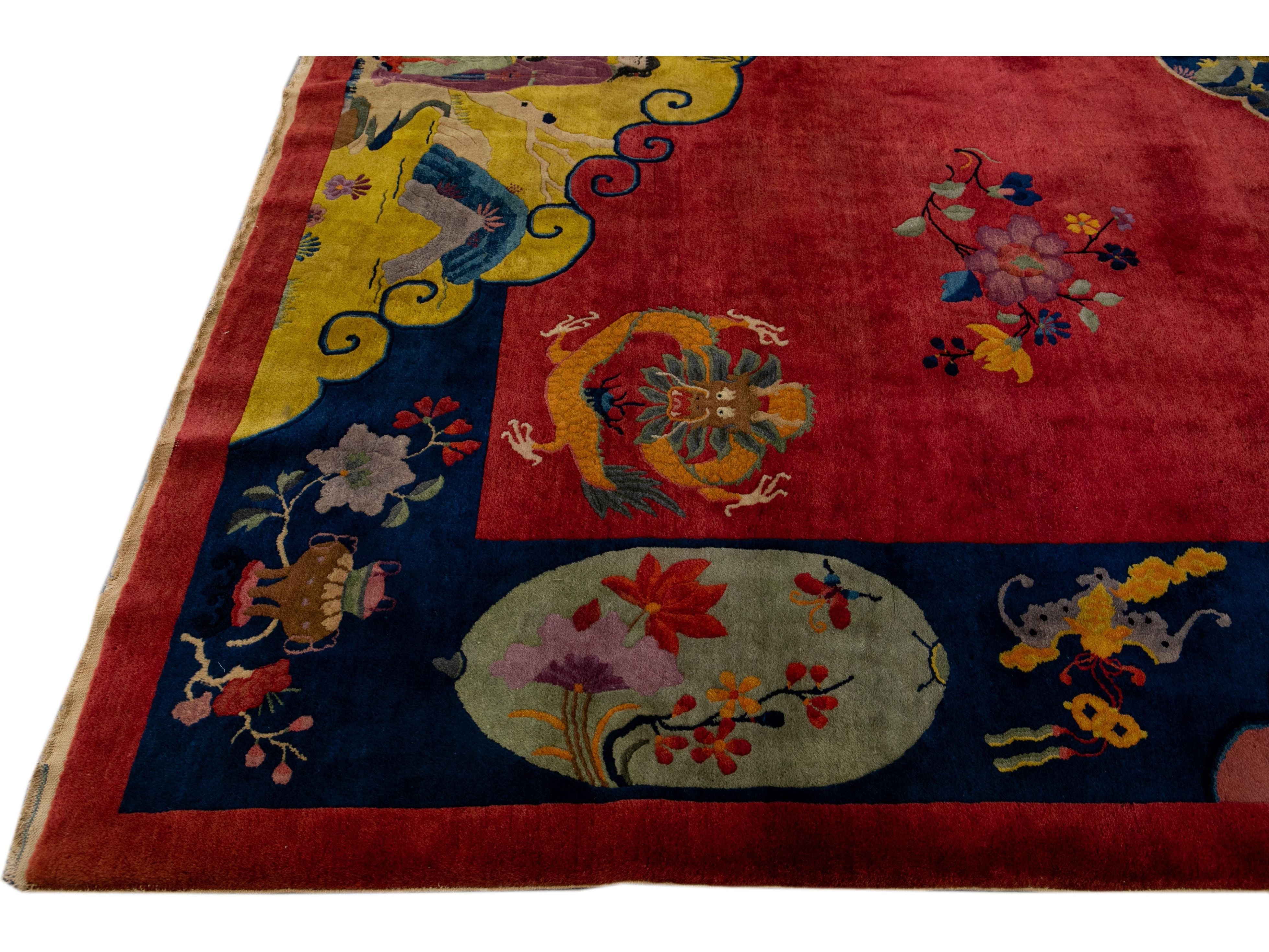 Antique Art Deco Handmade Multicolor Chinese Culture Designed Red Wool Rug