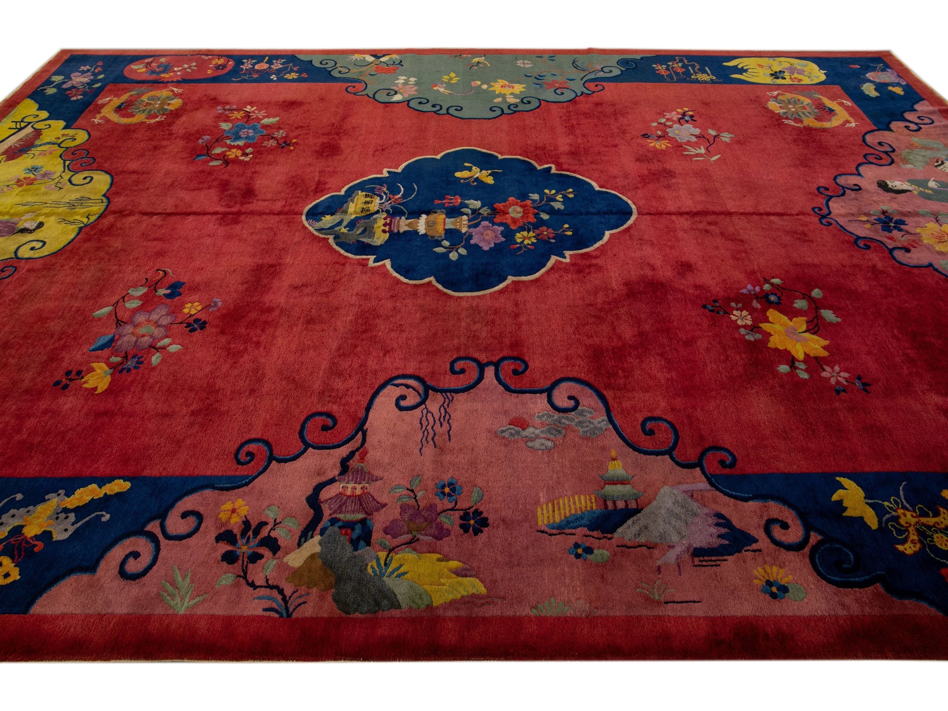 Antique Art Deco Handmade Multicolor Chinese Culture Designed Red Wool Rug