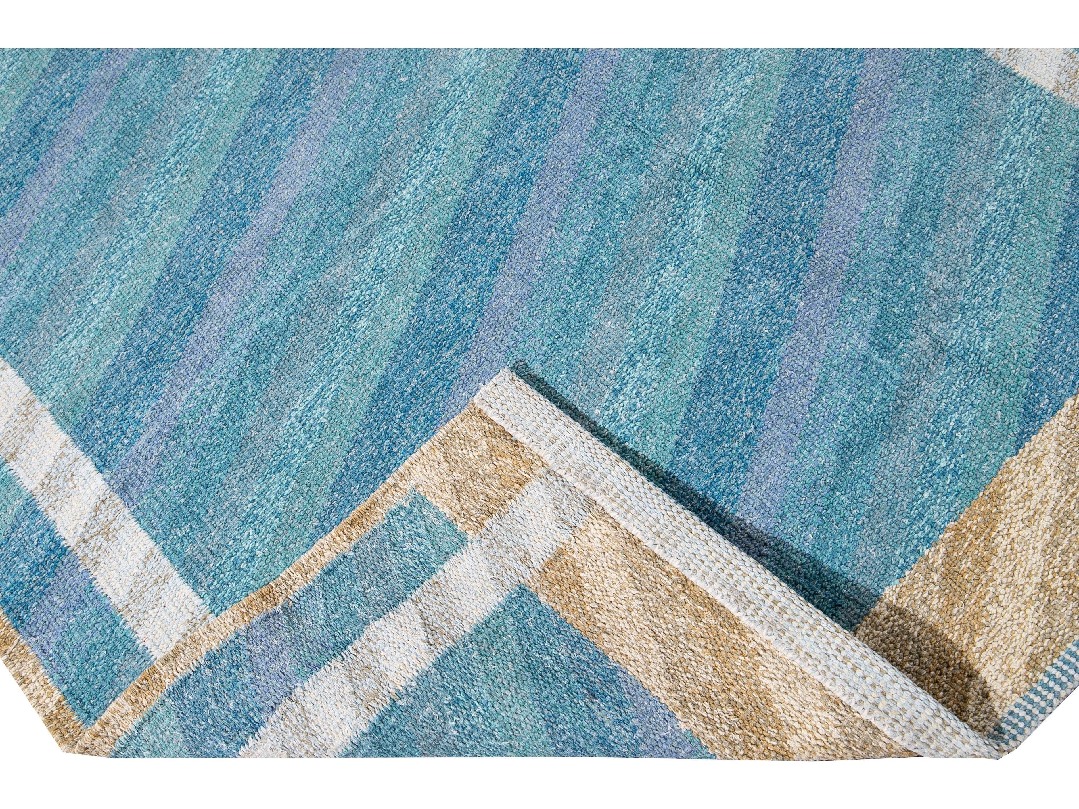 Modern Swedish Style Blue Handmade Geometric Wool Rug