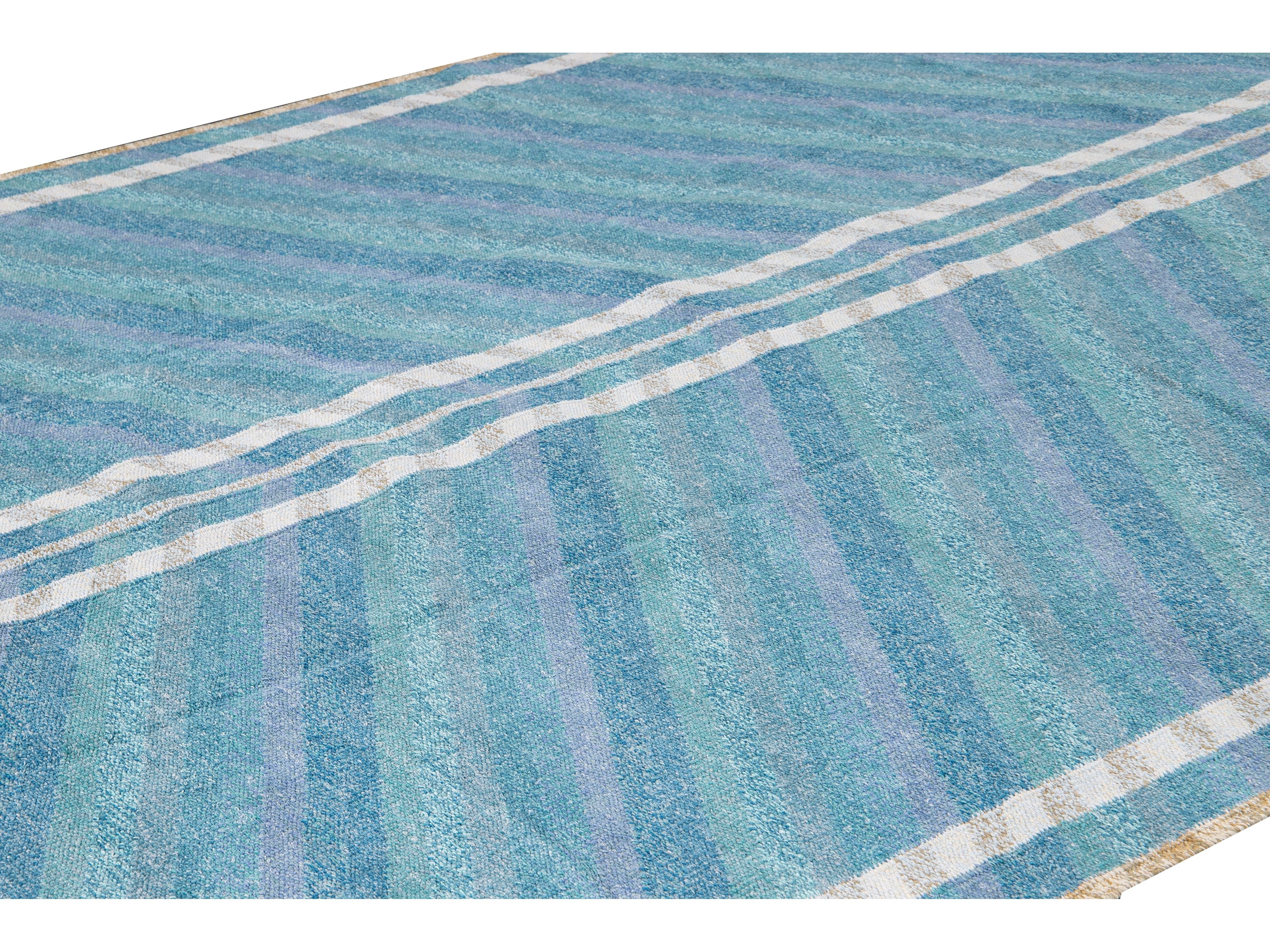 Modern Swedish Style Blue Handmade Geometric Wool Rug