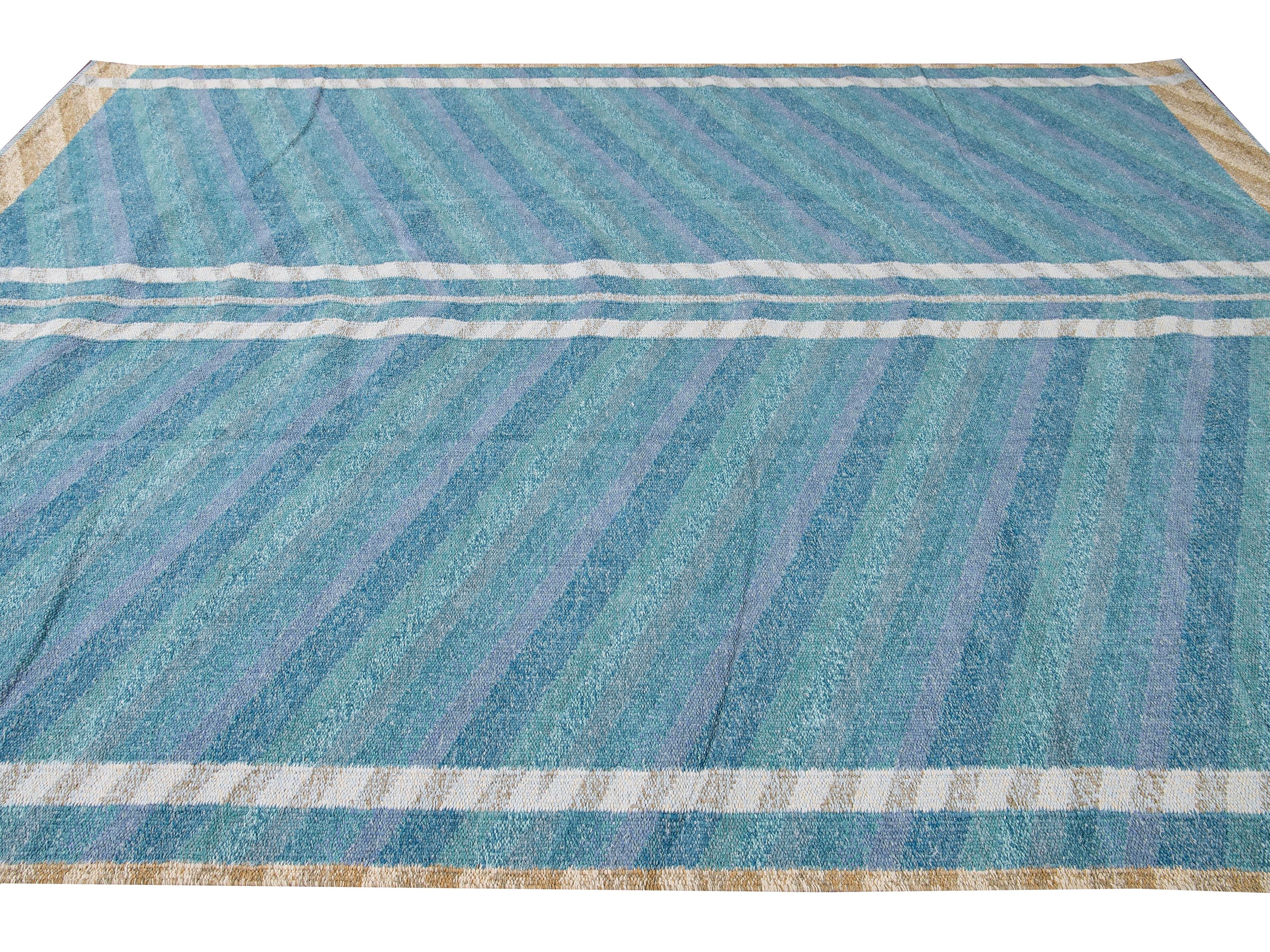Modern Swedish Style Blue Handmade Geometric Wool Rug
