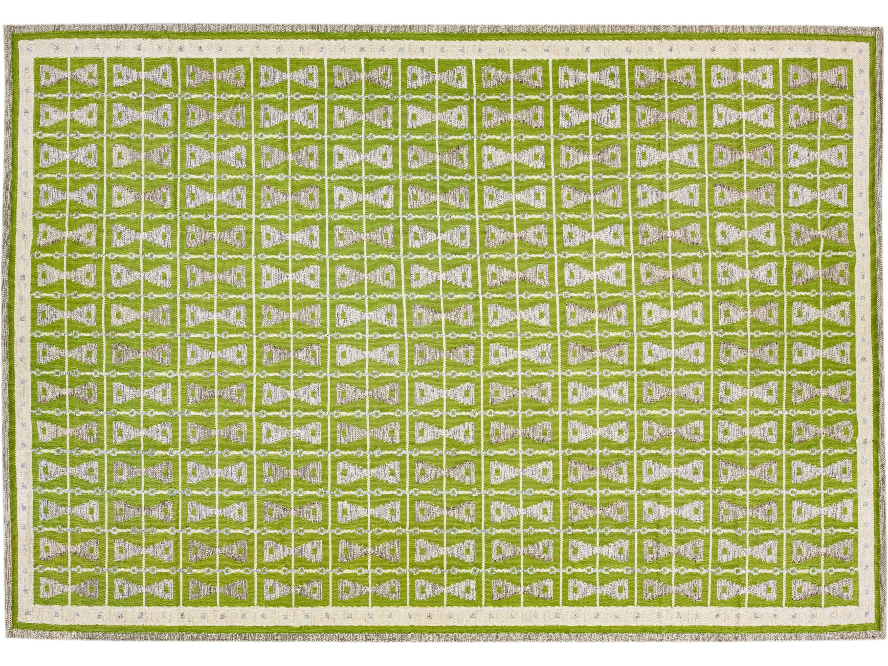 Green Modern Swedish Style Handmade Oversize Wool Rug With Geometric Design