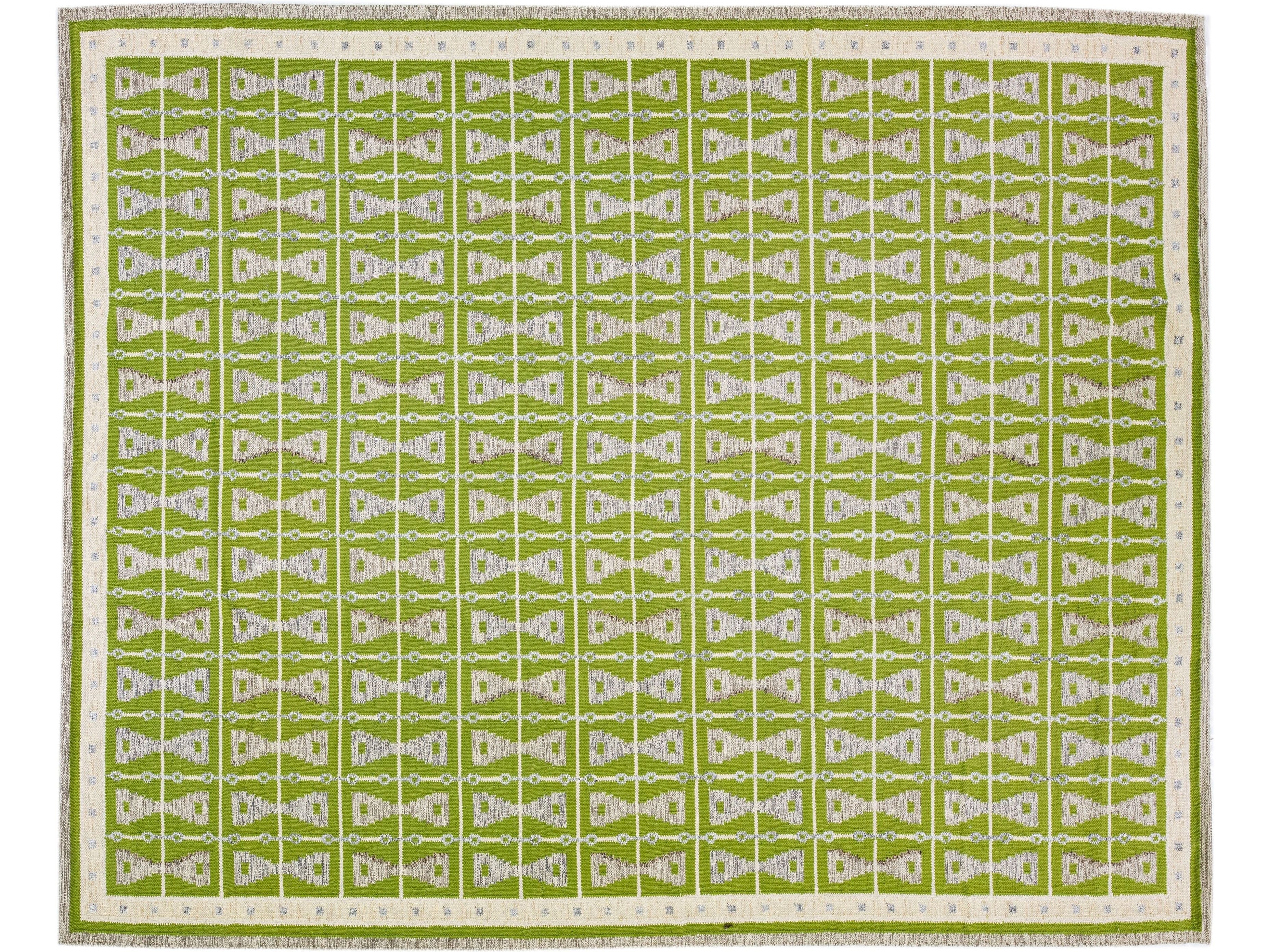 Modern Swedish Style Green Handmade Oversize Wool Rug with Geometric Pattern