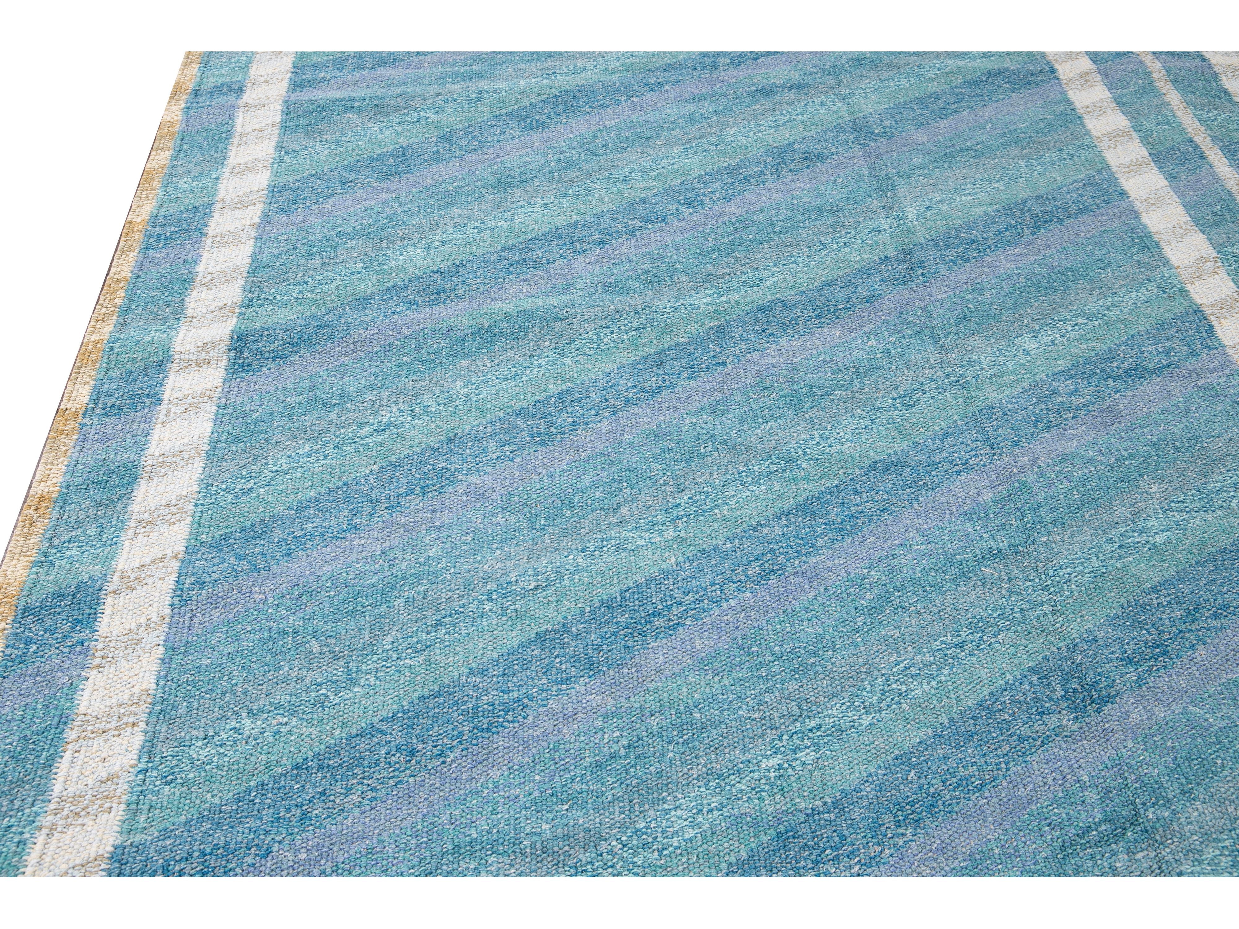 Modern Swedish Style Handmade Geometric Oversize Blue Wool Rug