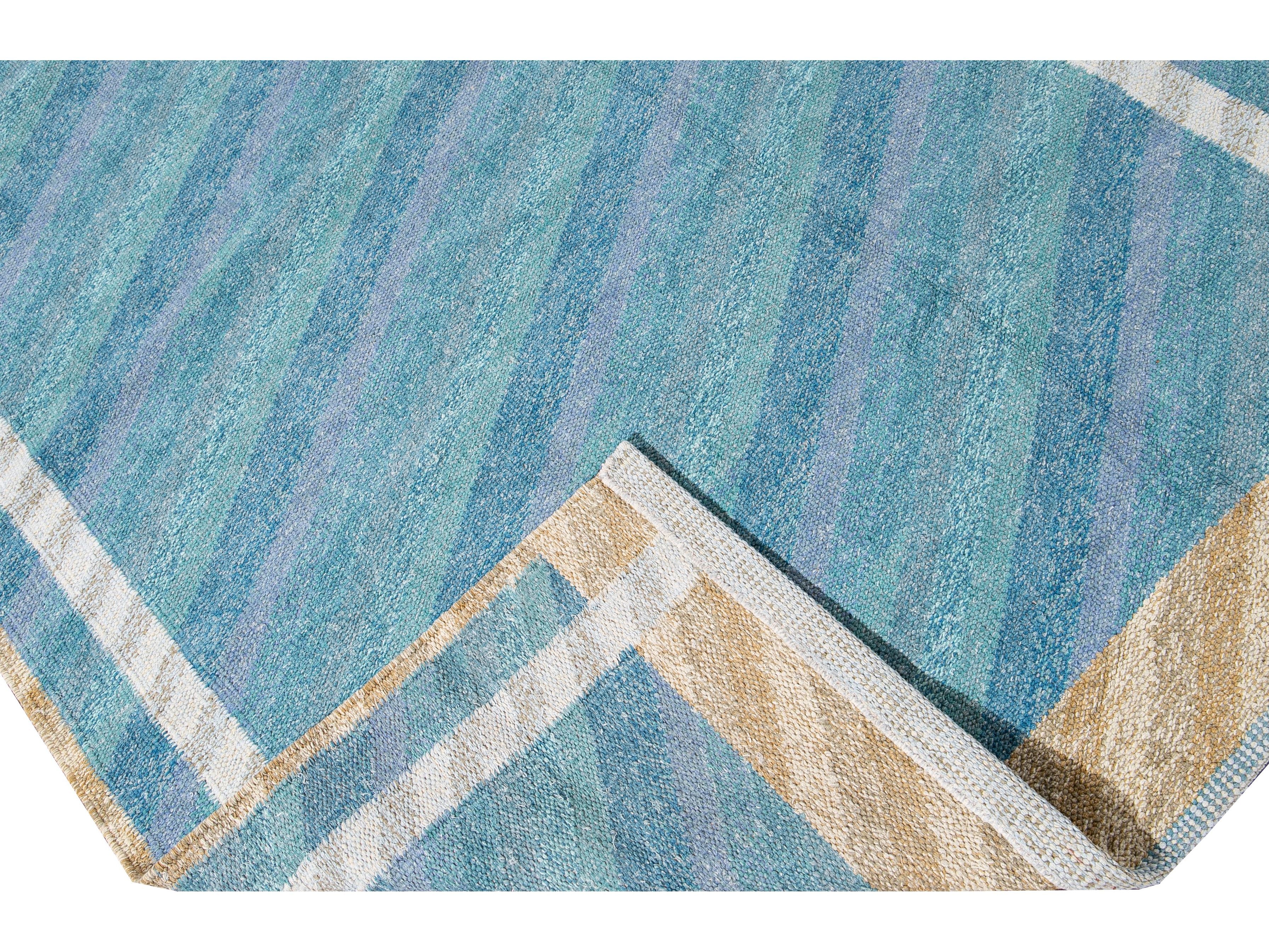 Modern Swedish Style Handmade Geometric Oversize Blue Wool Rug
