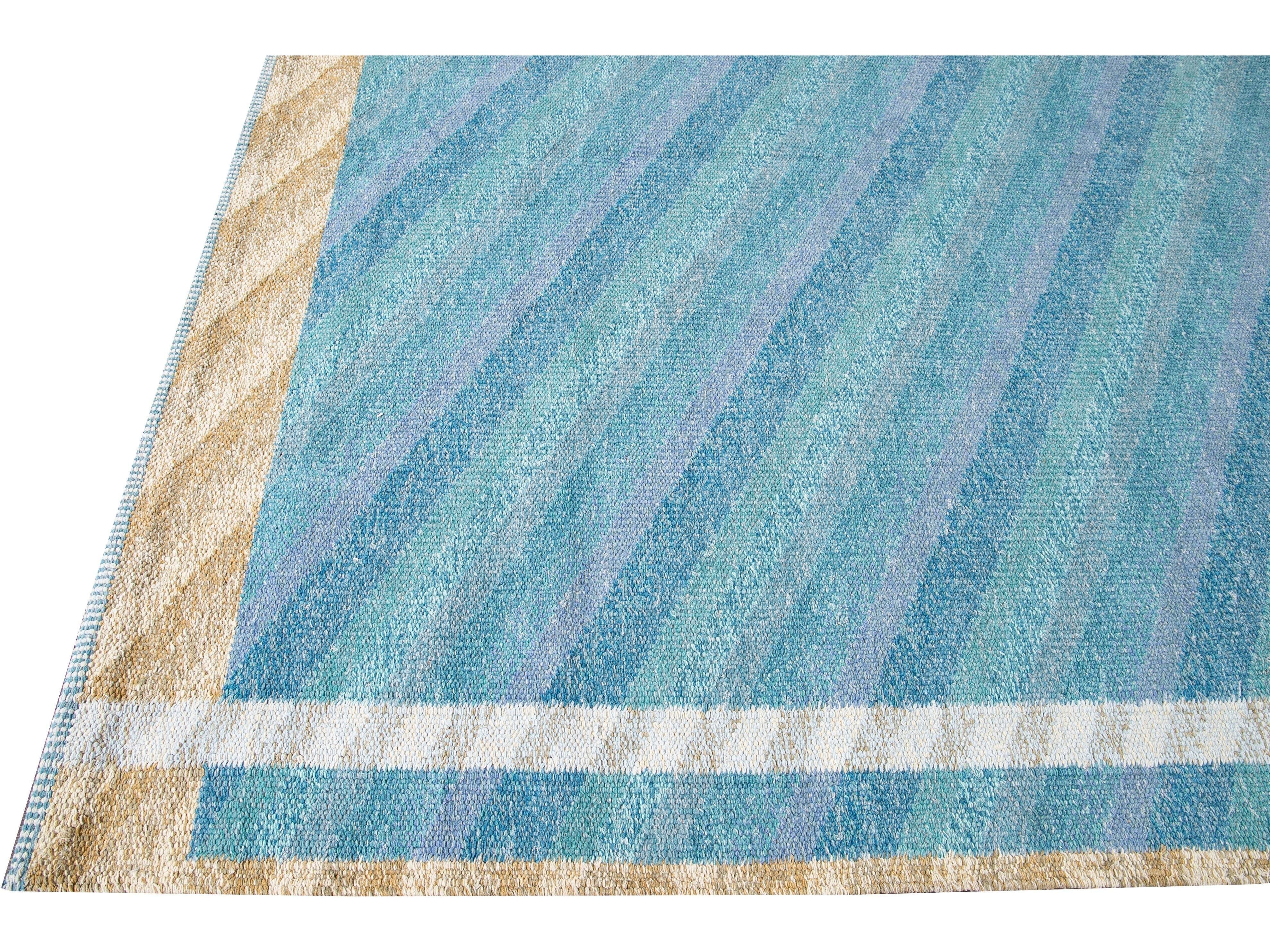 Modern Swedish Style Handmade Geometric Oversize Blue Wool Rug