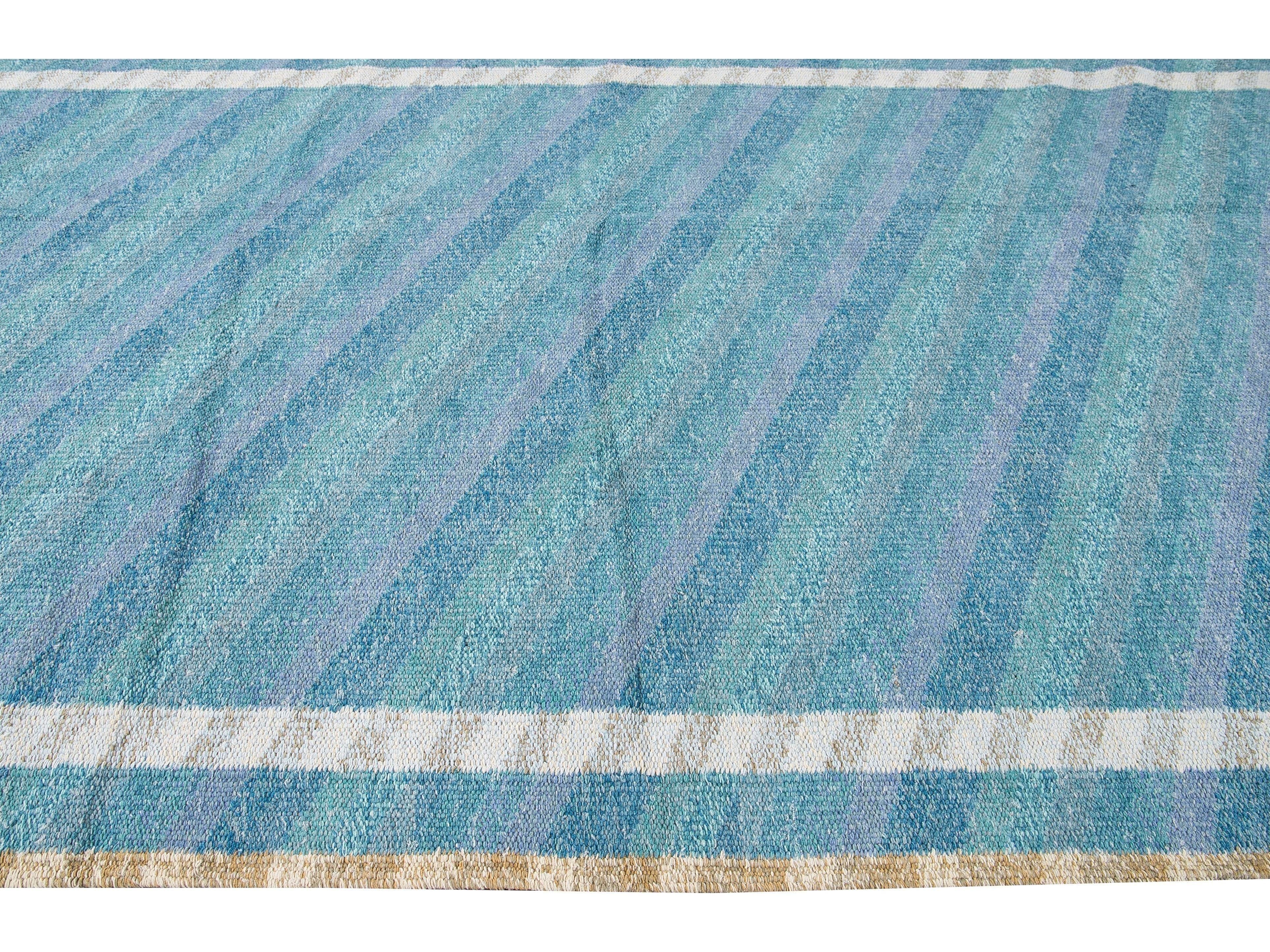 Modern Swedish Style Handmade Geometric Oversize Blue Wool Rug