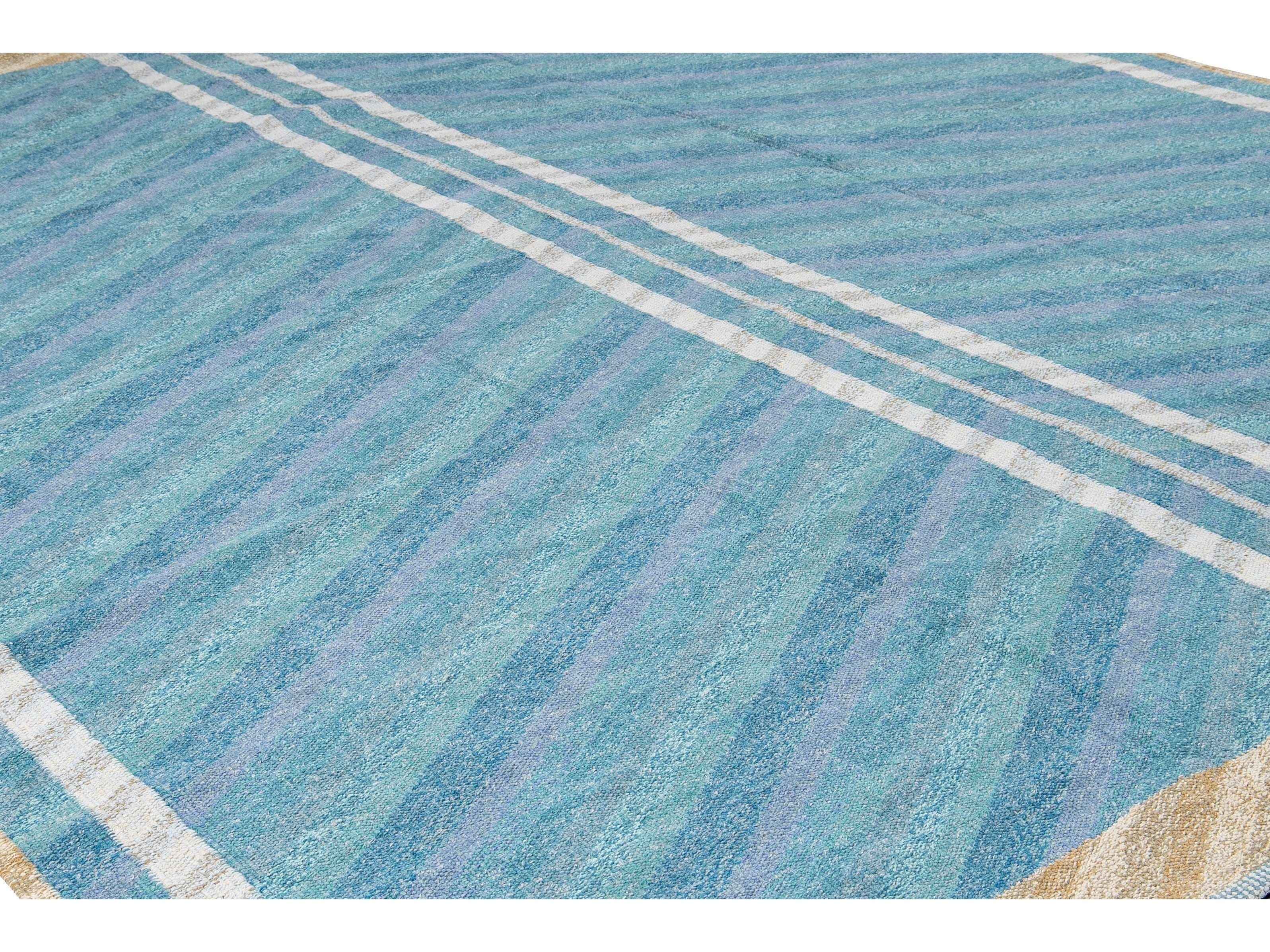 Modern Swedish Style Handmade Geometric Oversize Blue Wool Rug