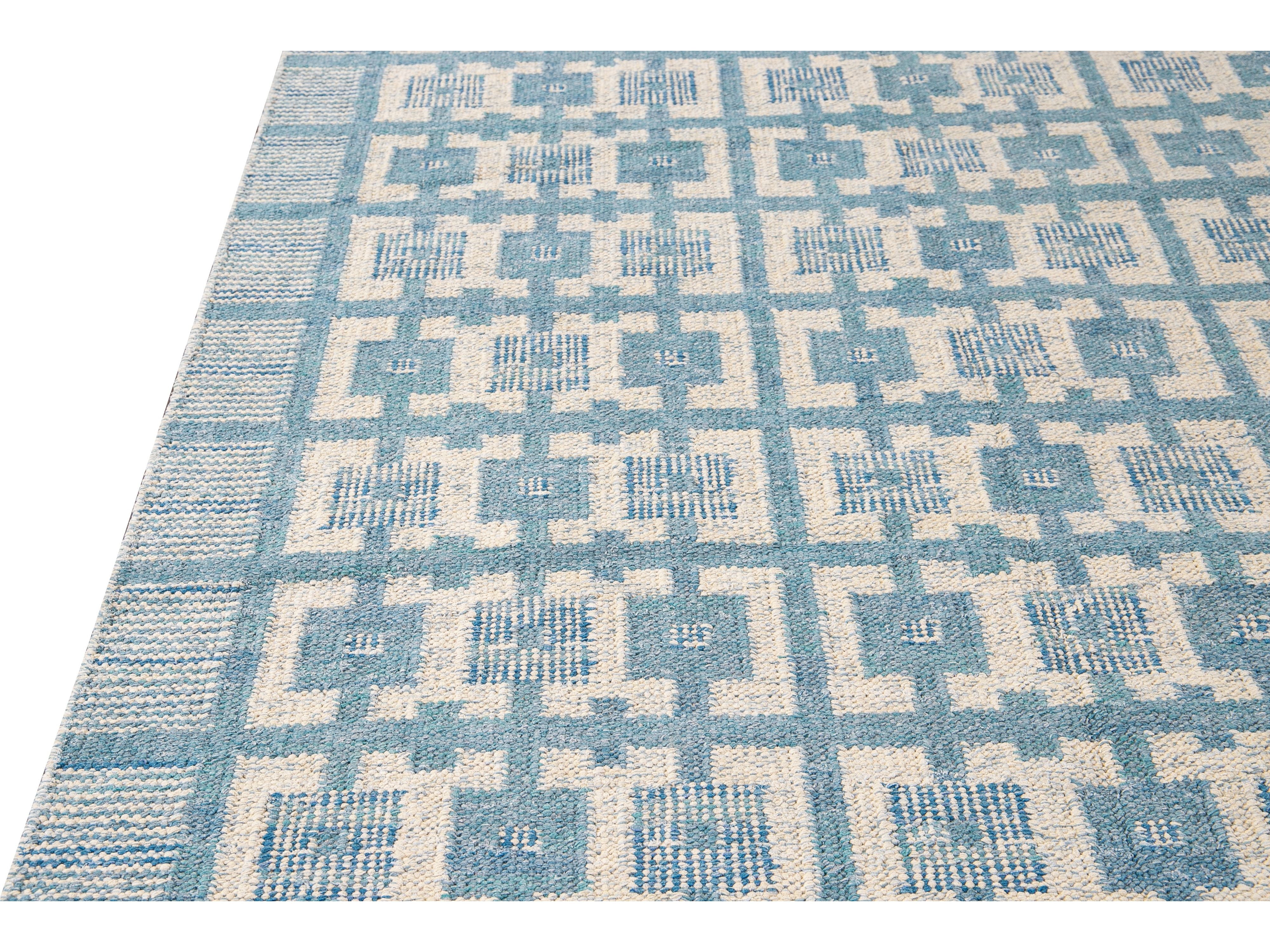 Modern Swedish Style Handmade Geometric Pattern Blue and Ivory Wool Rug