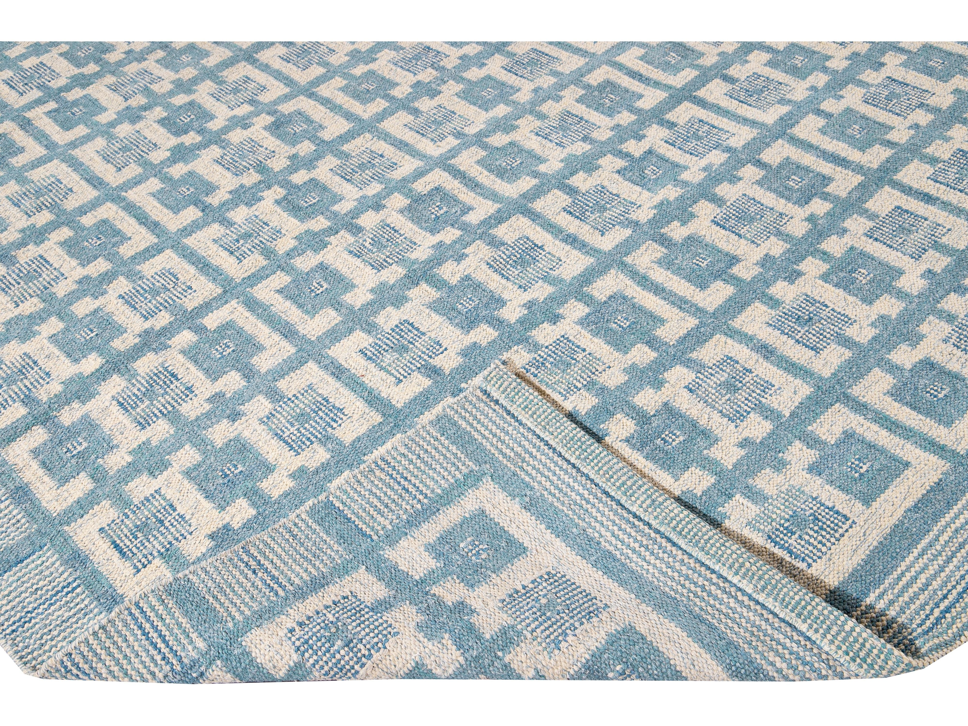 Modern Swedish Style Handmade Geometric Pattern Blue and Ivory Wool Rug