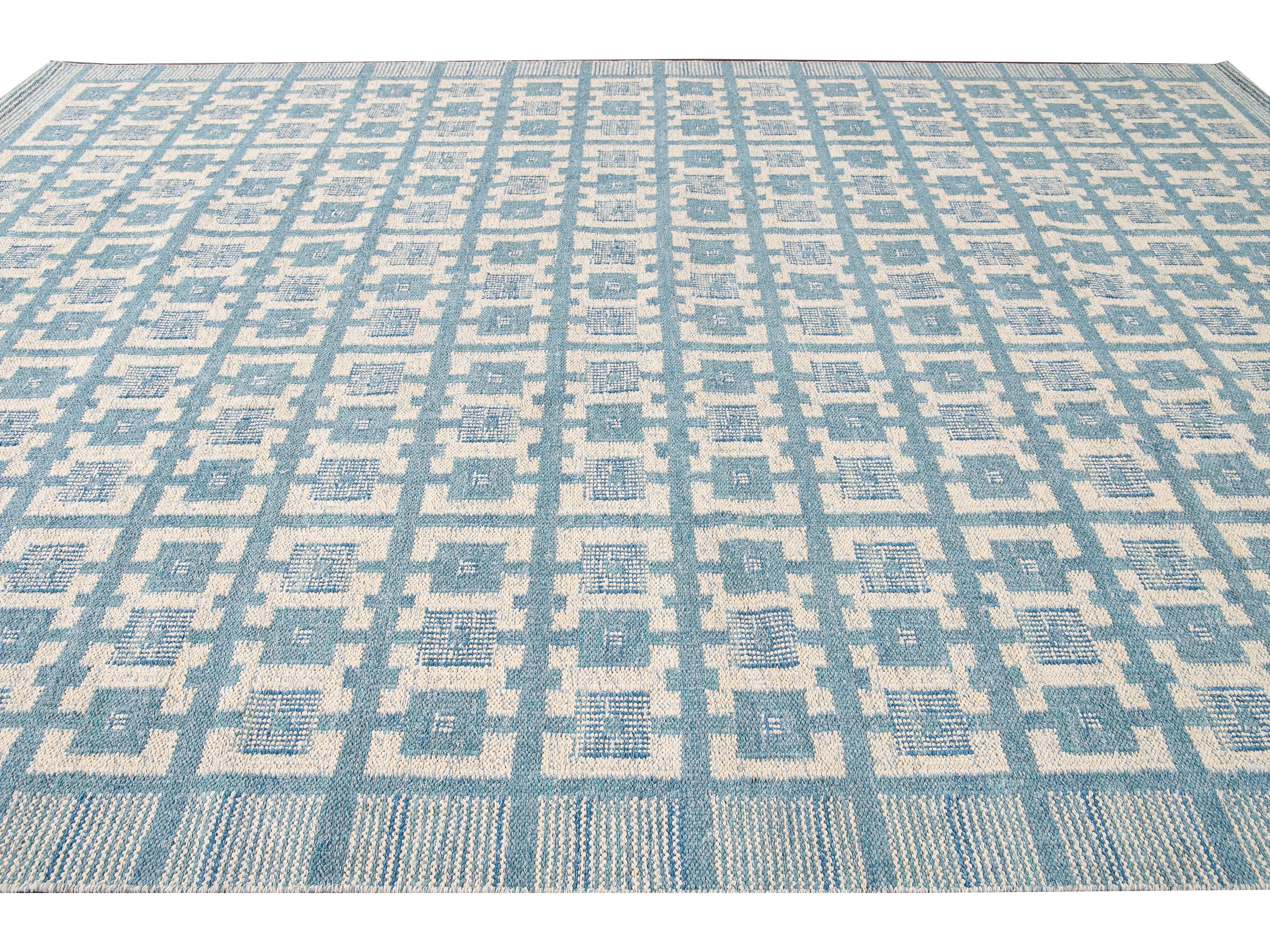 Modern Swedish Style Handmade Geometric Pattern Blue and Ivory Wool Rug
