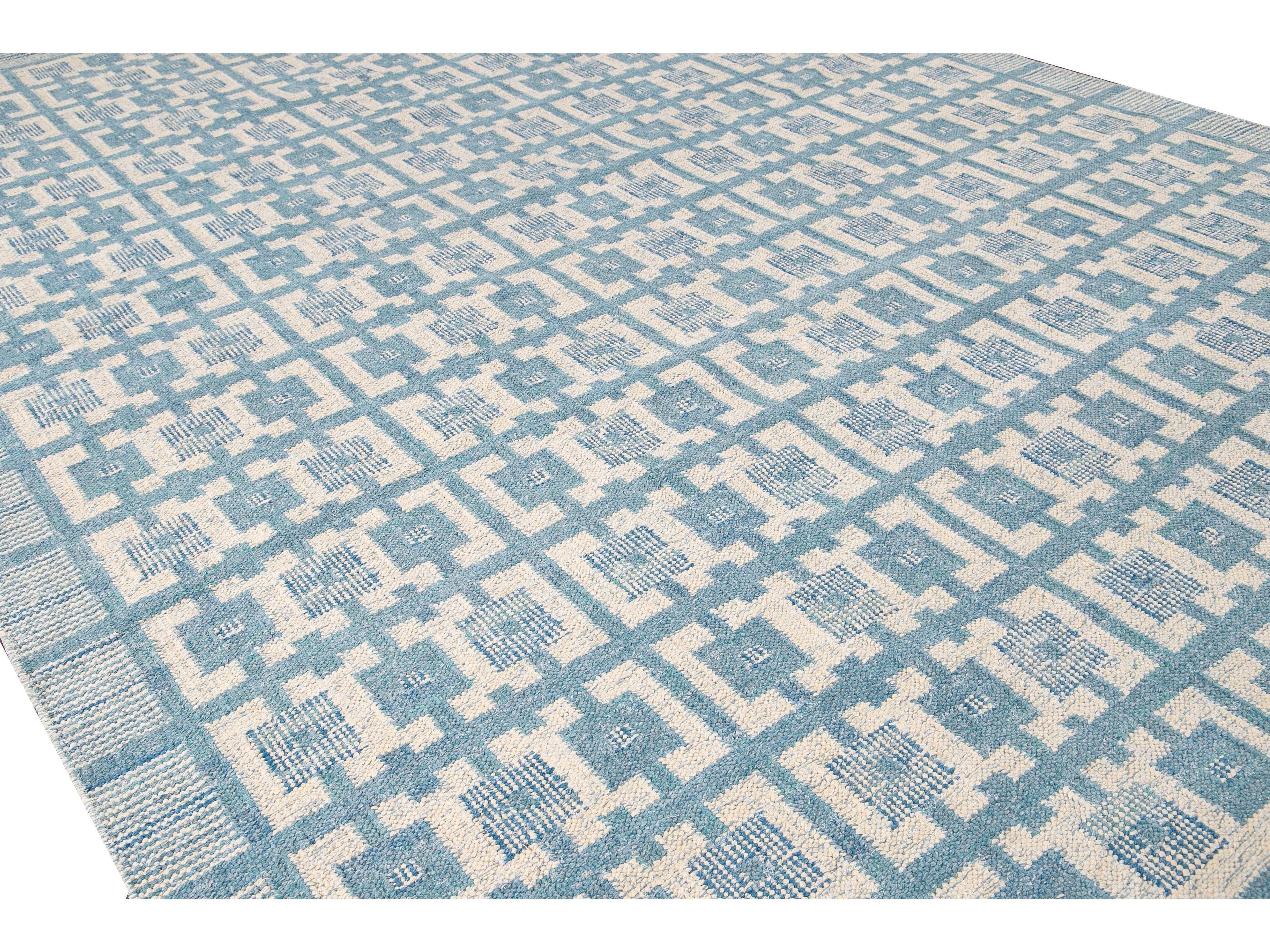Modern Swedish Style Handmade Geometric Pattern Blue and Ivory Wool Rug