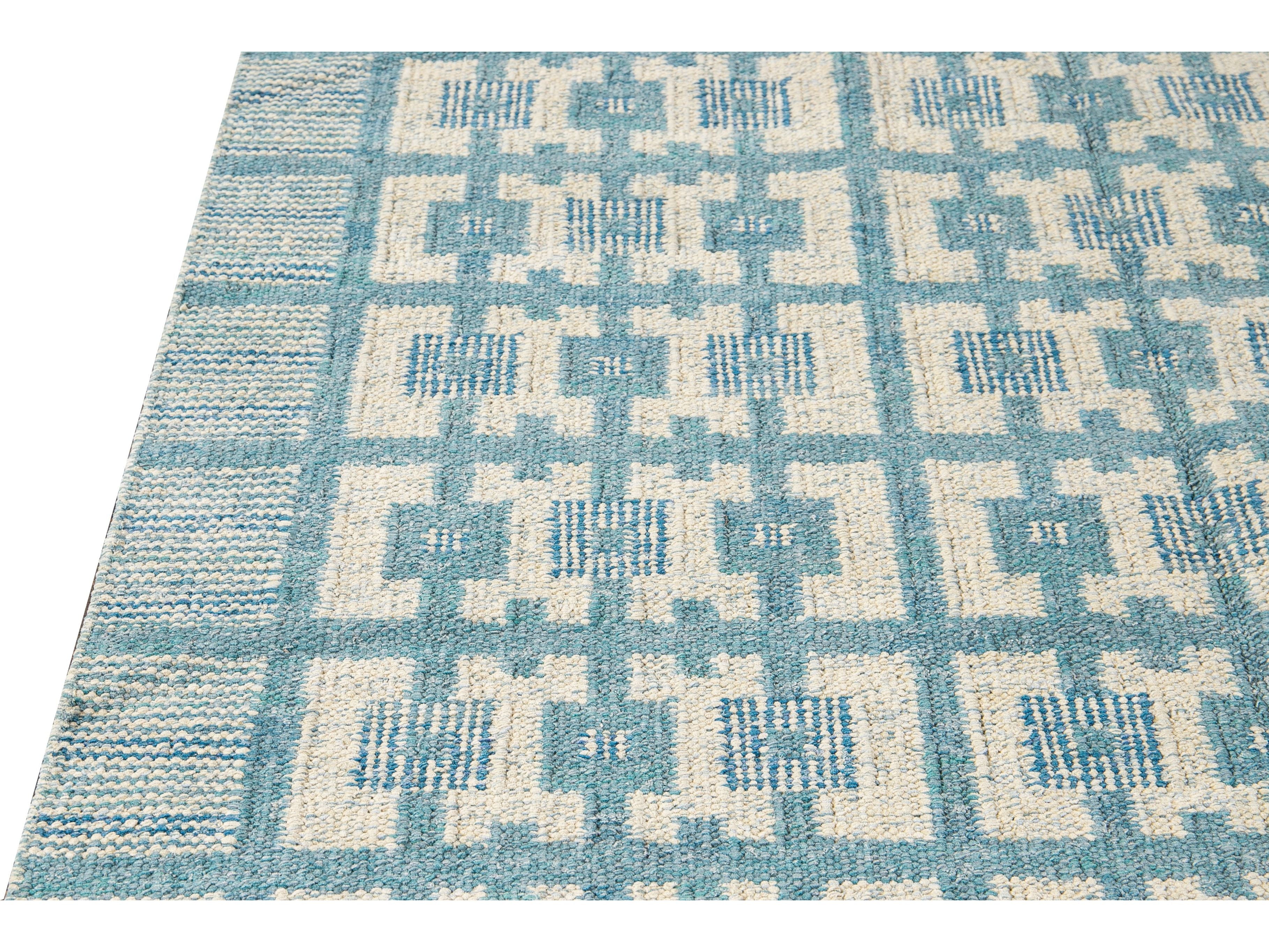 Modern Swedish Style Handmade Geometric Pattern Room size Blue Wool Rug