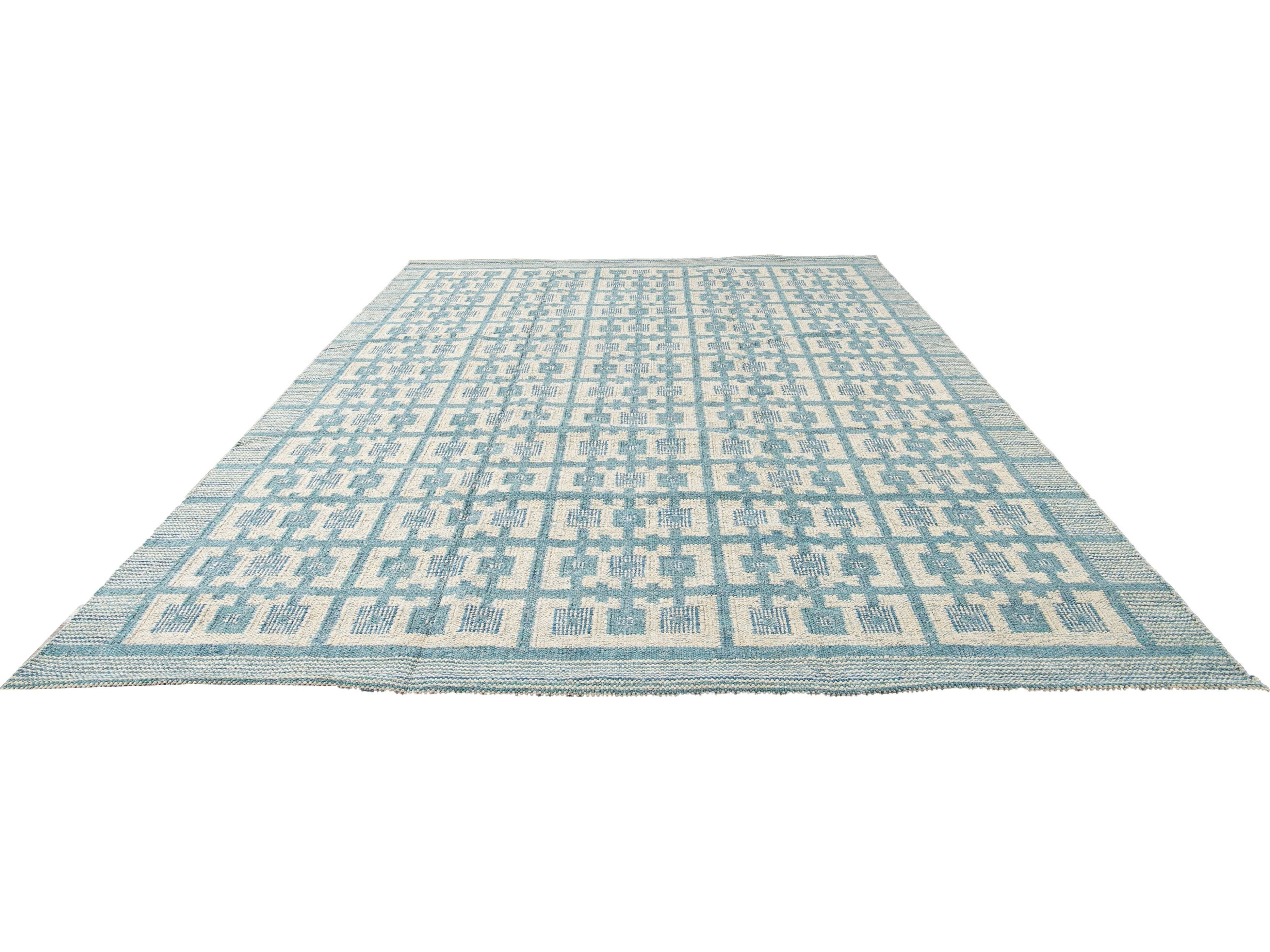 Modern Swedish Style Handmade Geometric Pattern Room size Blue Wool Rug