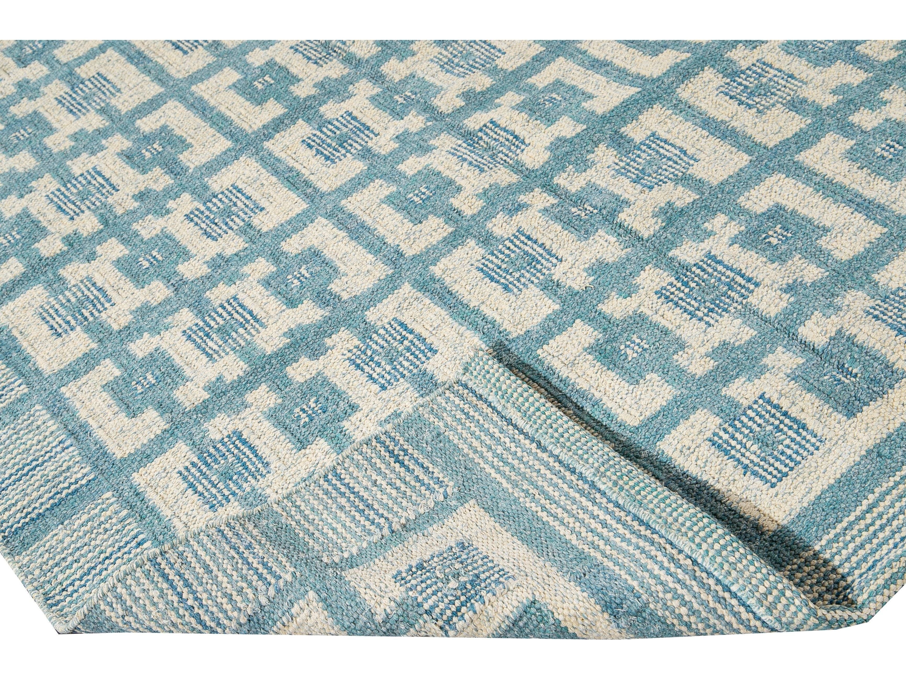 Modern Swedish Style Handmade Geometric Pattern Room size Blue Wool Rug