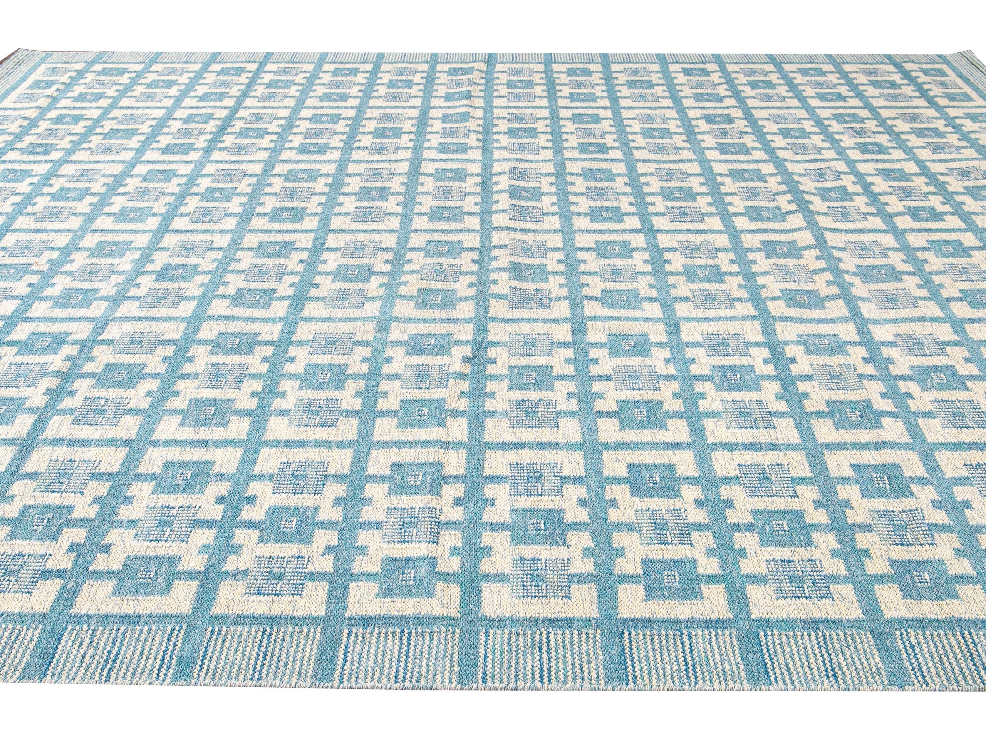 Modern Swedish Style Handmade Geometric Pattern Oversize Blue and Ivory Wool Rug