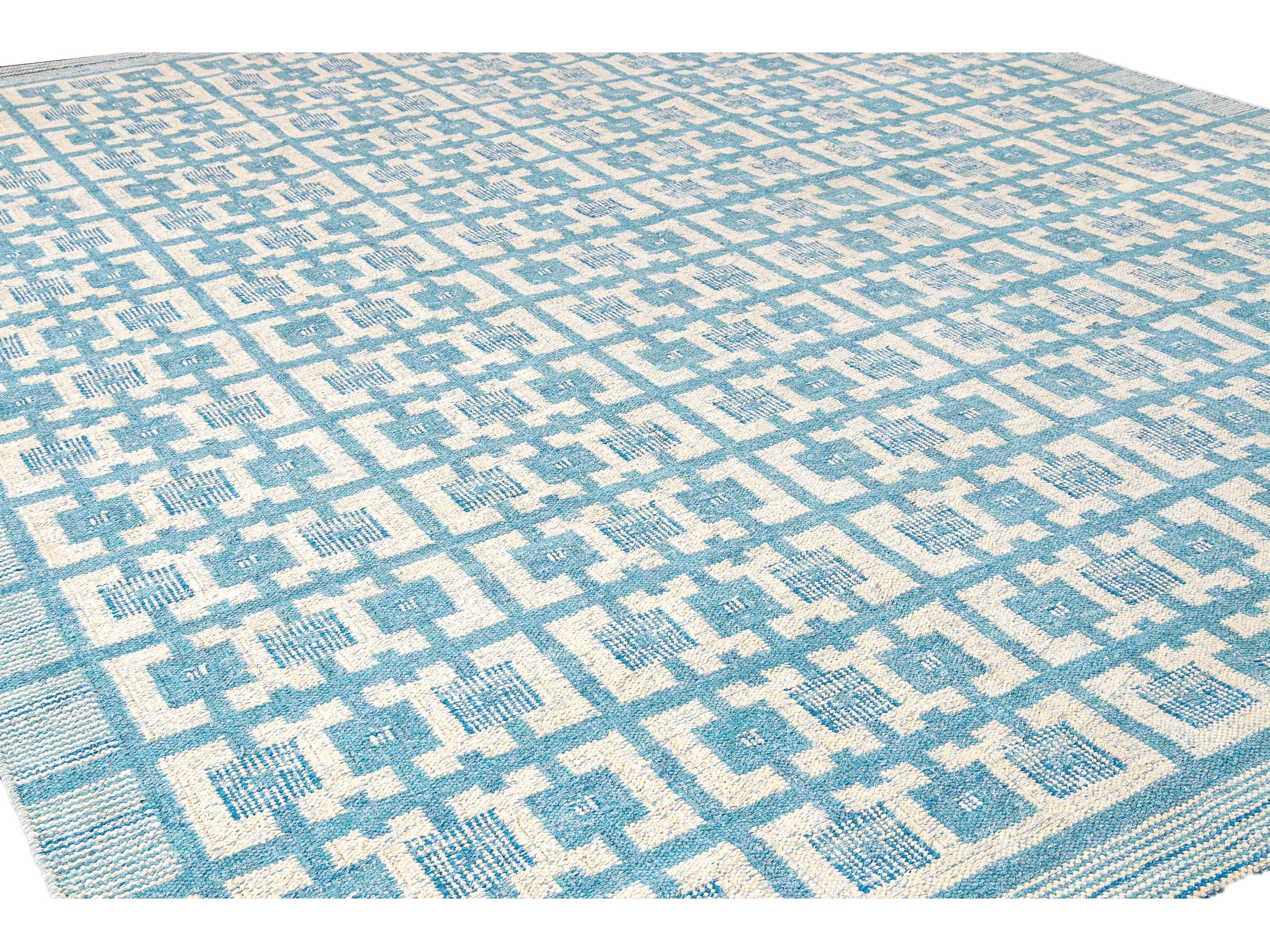Modern Swedish Style Handmade Geometric Pattern Oversize Blue and Ivory Wool Rug