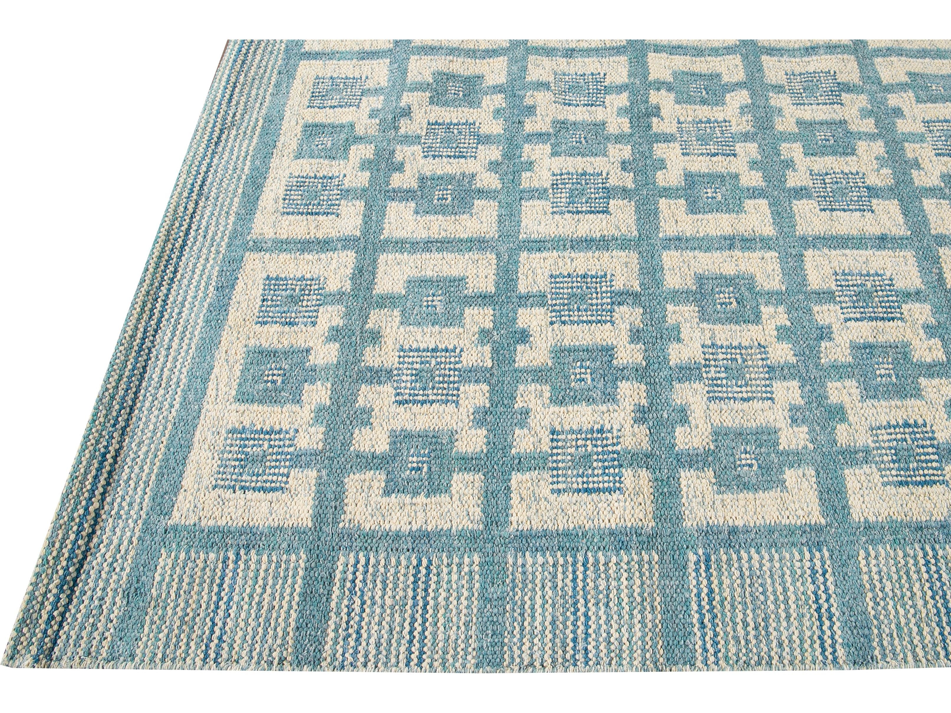 Modern Swedish Style Handmade Geometric Pattern Room size Blue Wool Rug