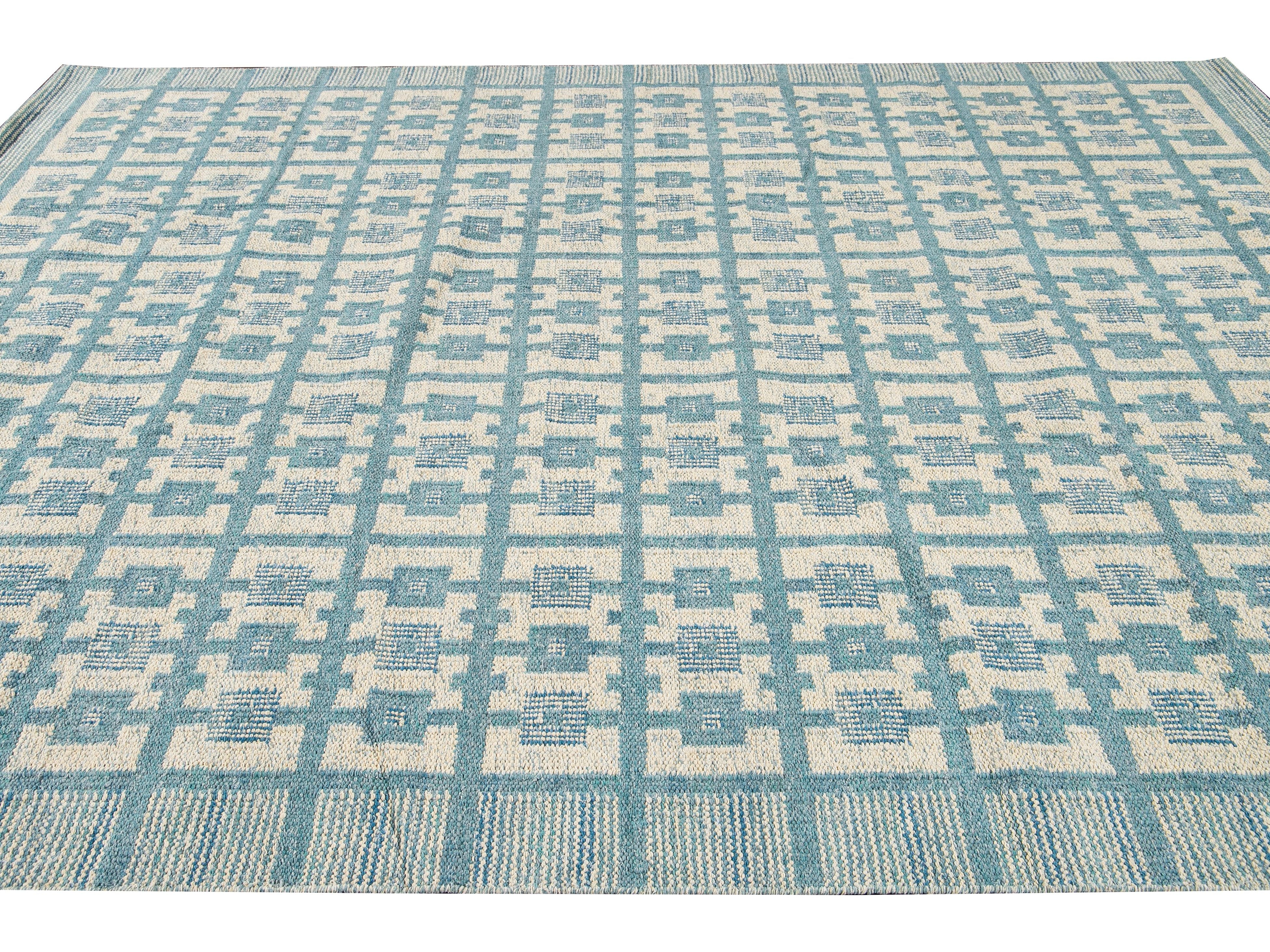 Modern Swedish Style Handmade Geometric Pattern Room size Blue Wool Rug