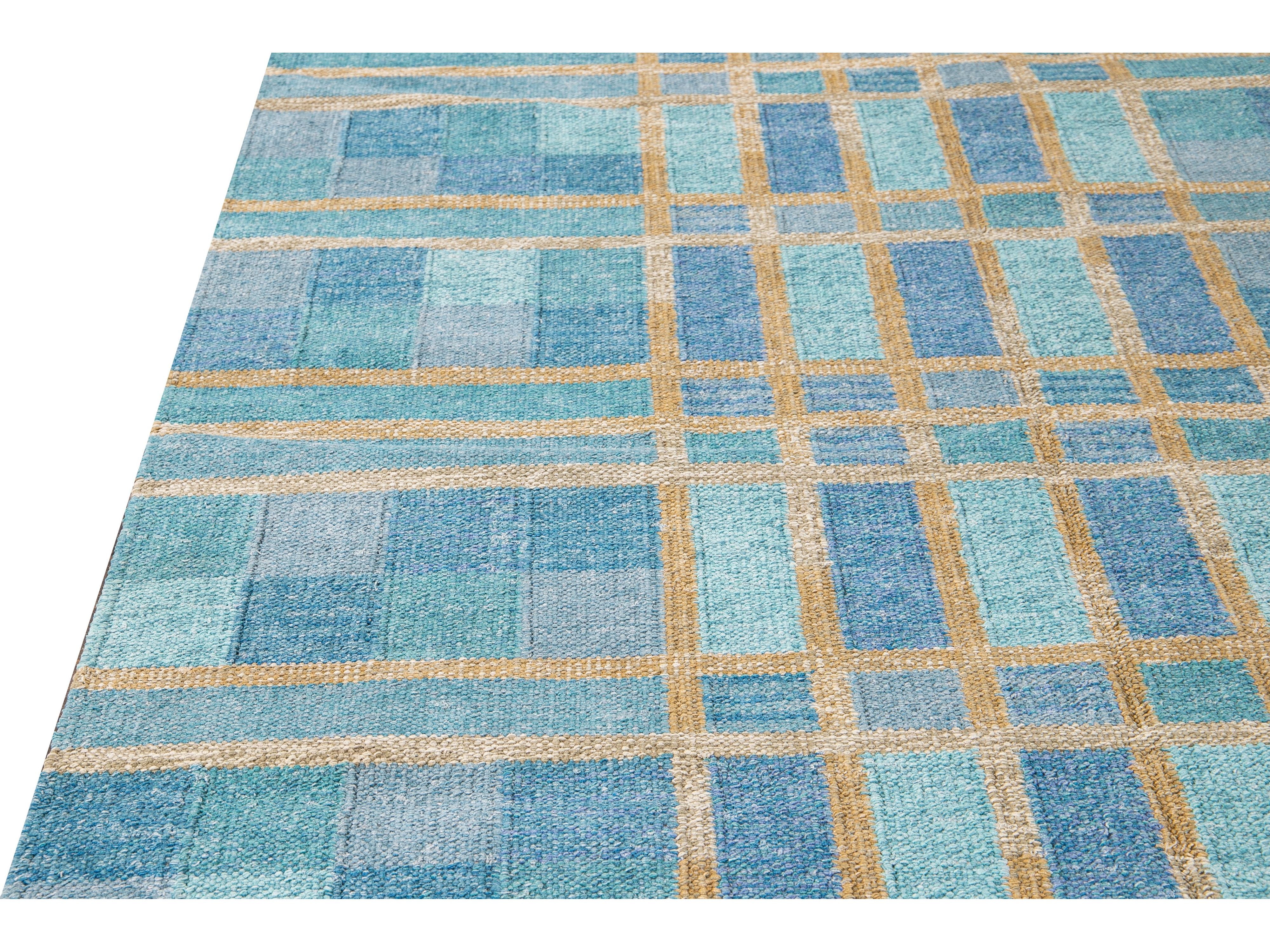 Modern Swedish Style Handmade Geometric Pattern Blue and Yellow Wool Rug