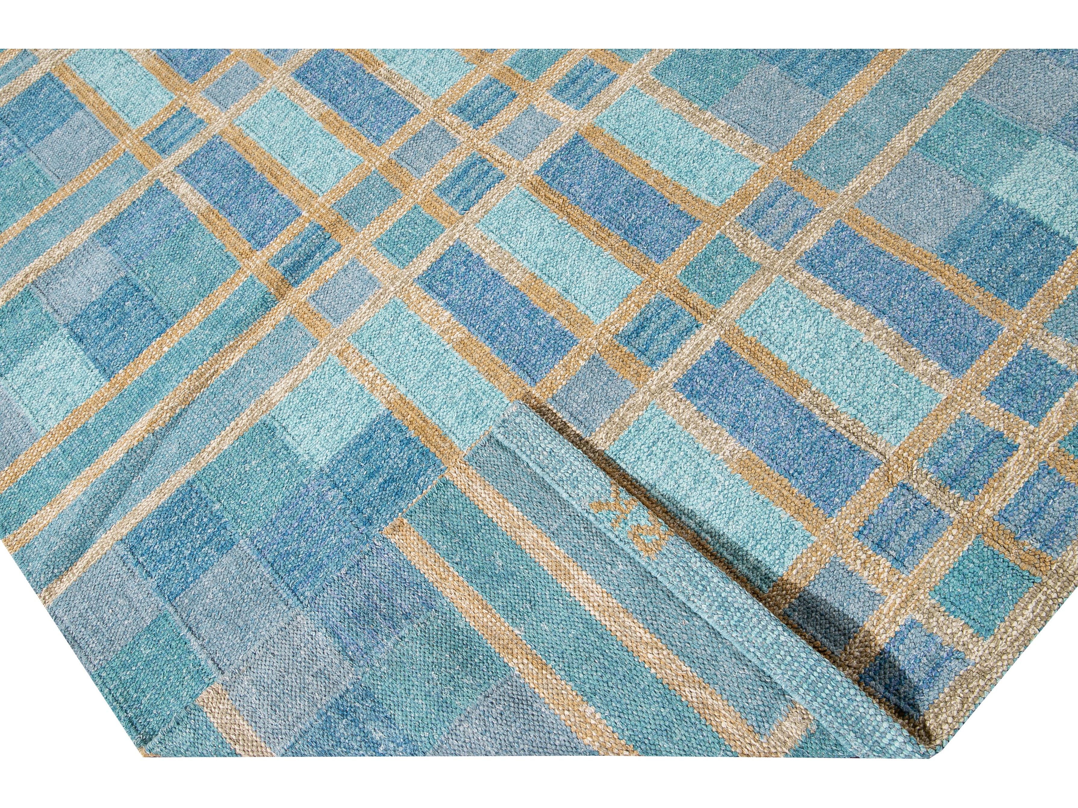 Modern Swedish Style Handmade Geometric Pattern Blue and Yellow Wool Rug