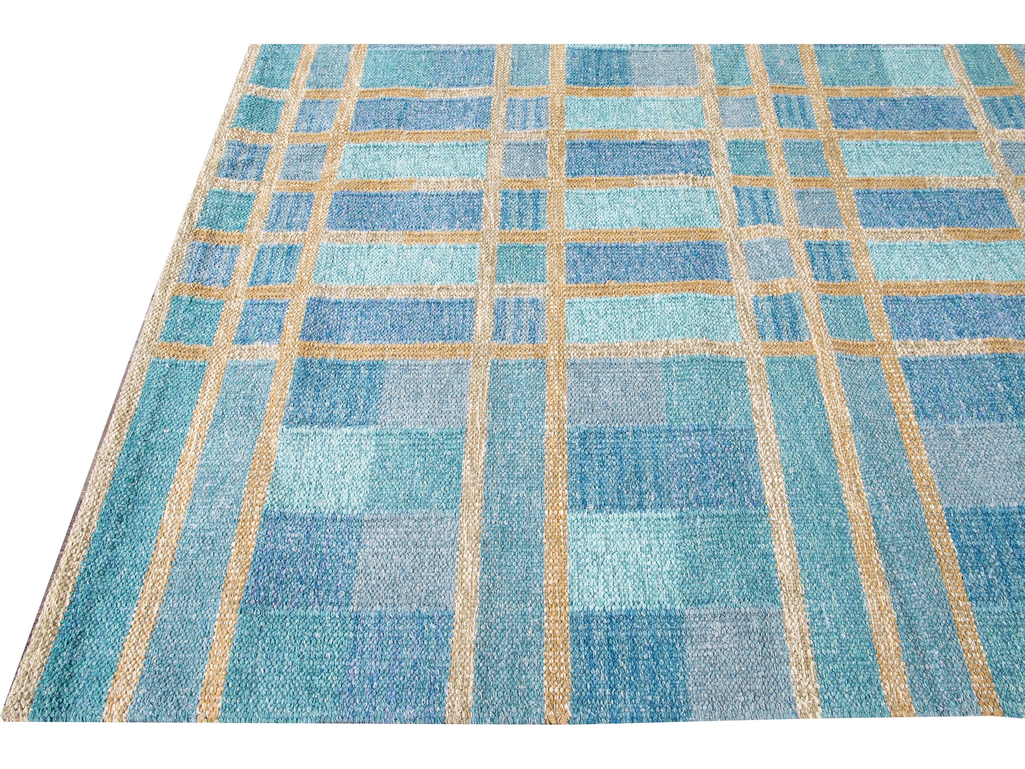 Modern Swedish Style Handmade Geometric Pattern Blue and Yellow Wool Rug