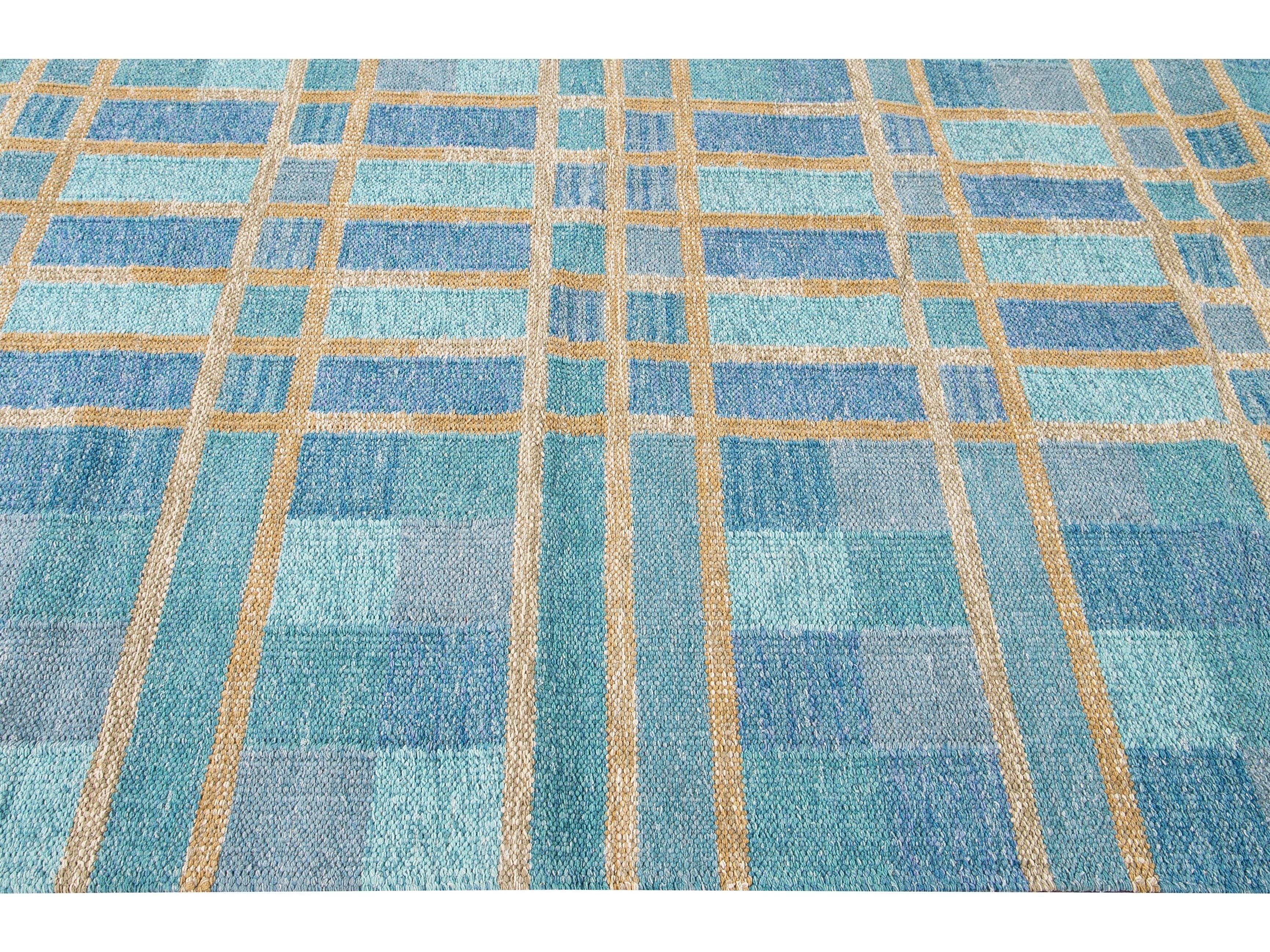 Modern Swedish Style Handmade Geometric Pattern Blue and Yellow Wool Rug