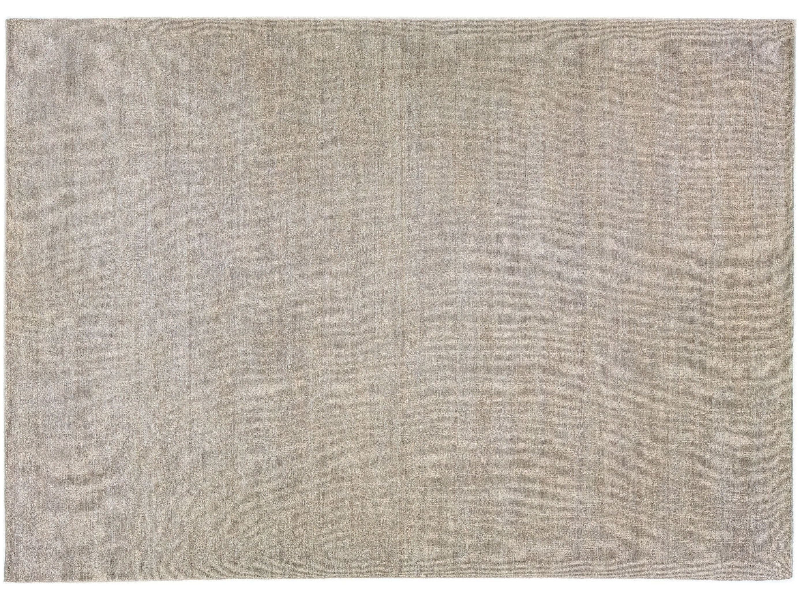 Modern Handmade Solid Beige Motif Room Size Wool & Silk Rug