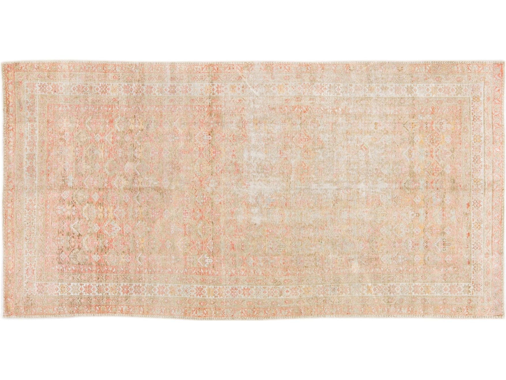 Antique Malayer Handmade Geometric Pattern Pink And Tan Scatter Wool Rug