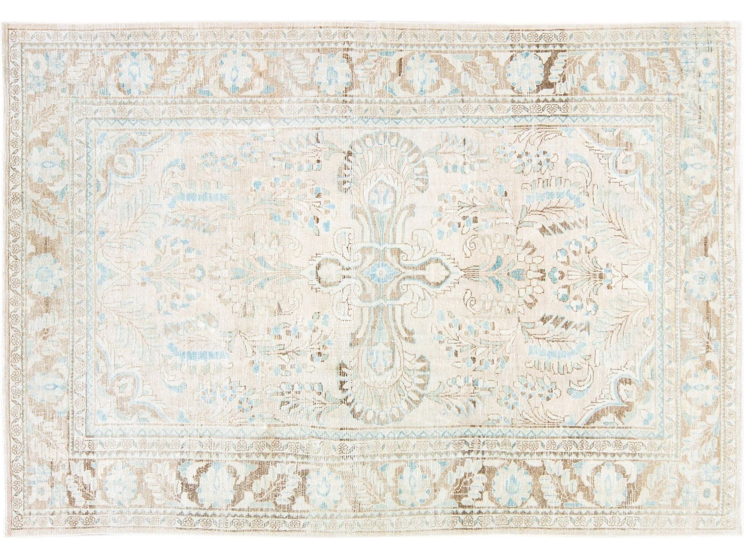 Antique Mahal Handmade Medallion Motif Beige Wool Rug