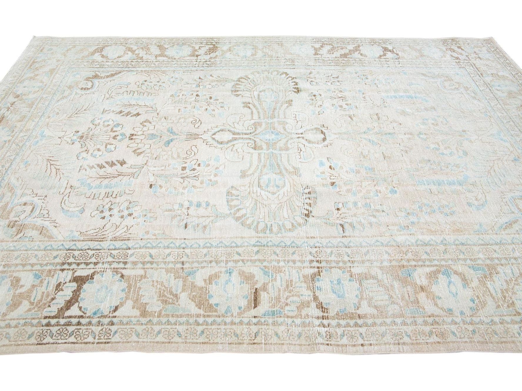 Antique Mahal Handmade Medallion Motif Beige Wool Rug
