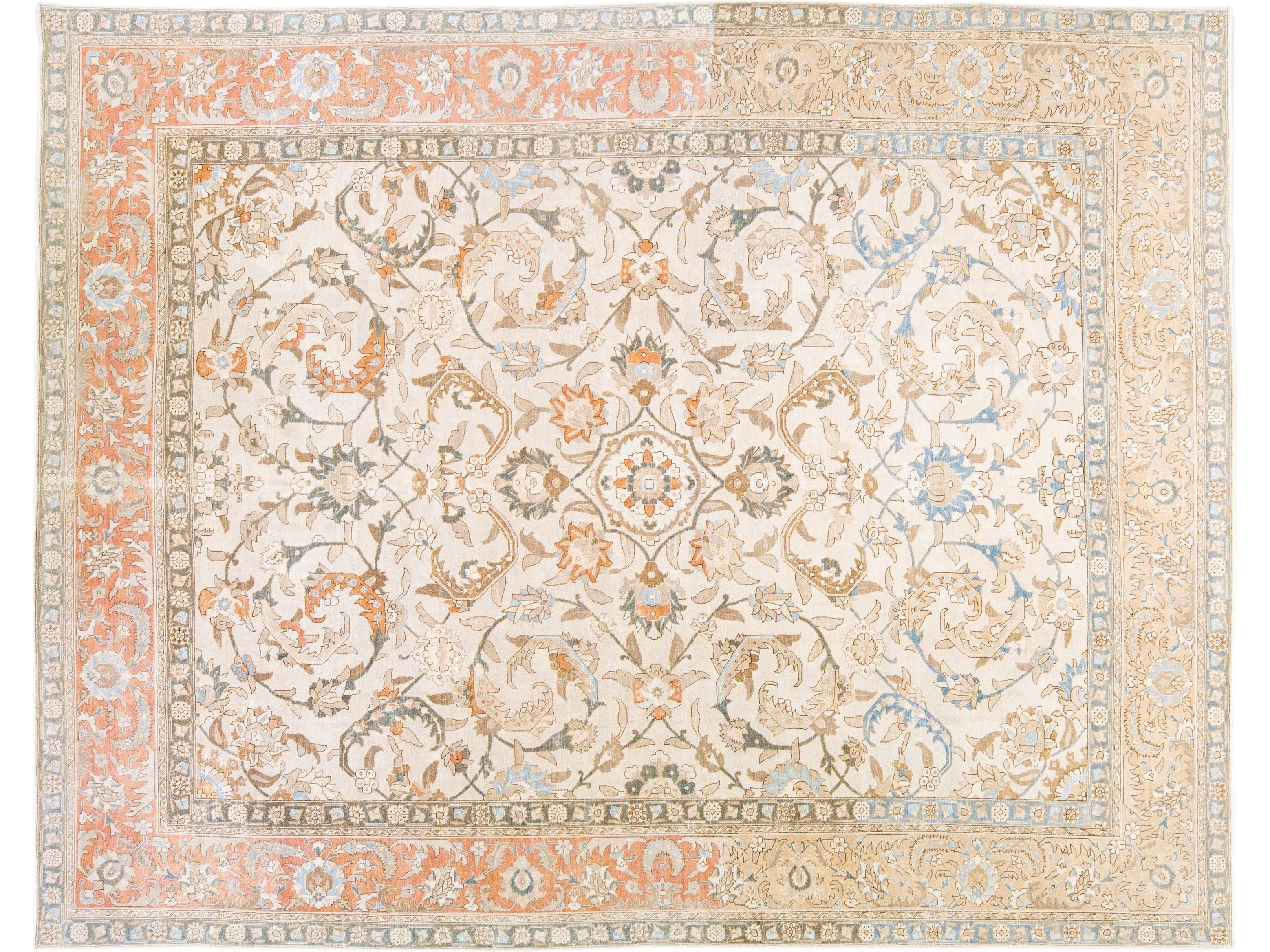 Beige Antique Persian Tabriz Handmade Medallion Floral Motif Wool Rug