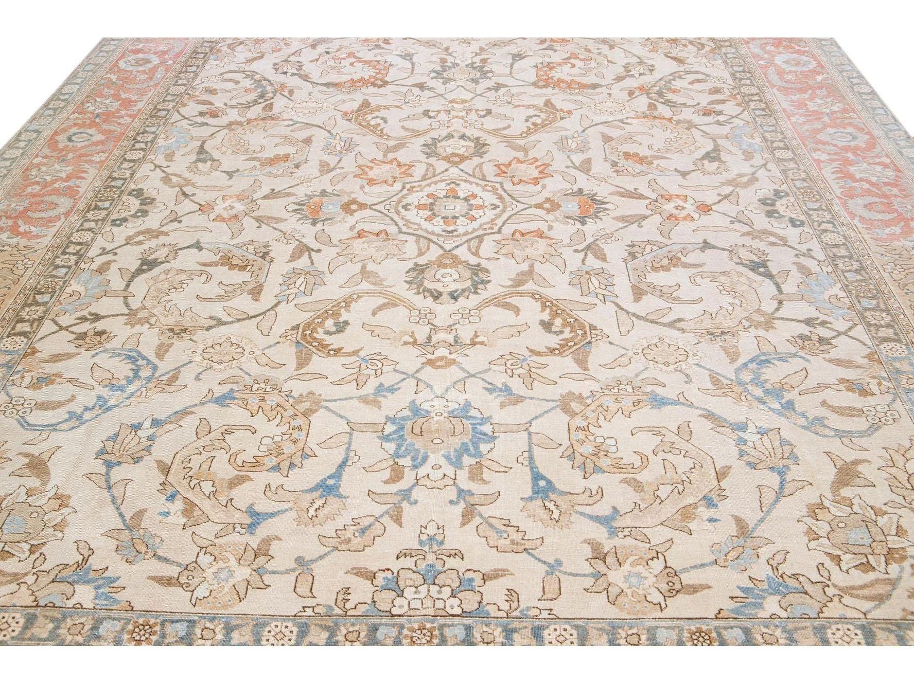 Beige Antique Persian Tabriz Handmade Medallion Floral Motif Wool Rug