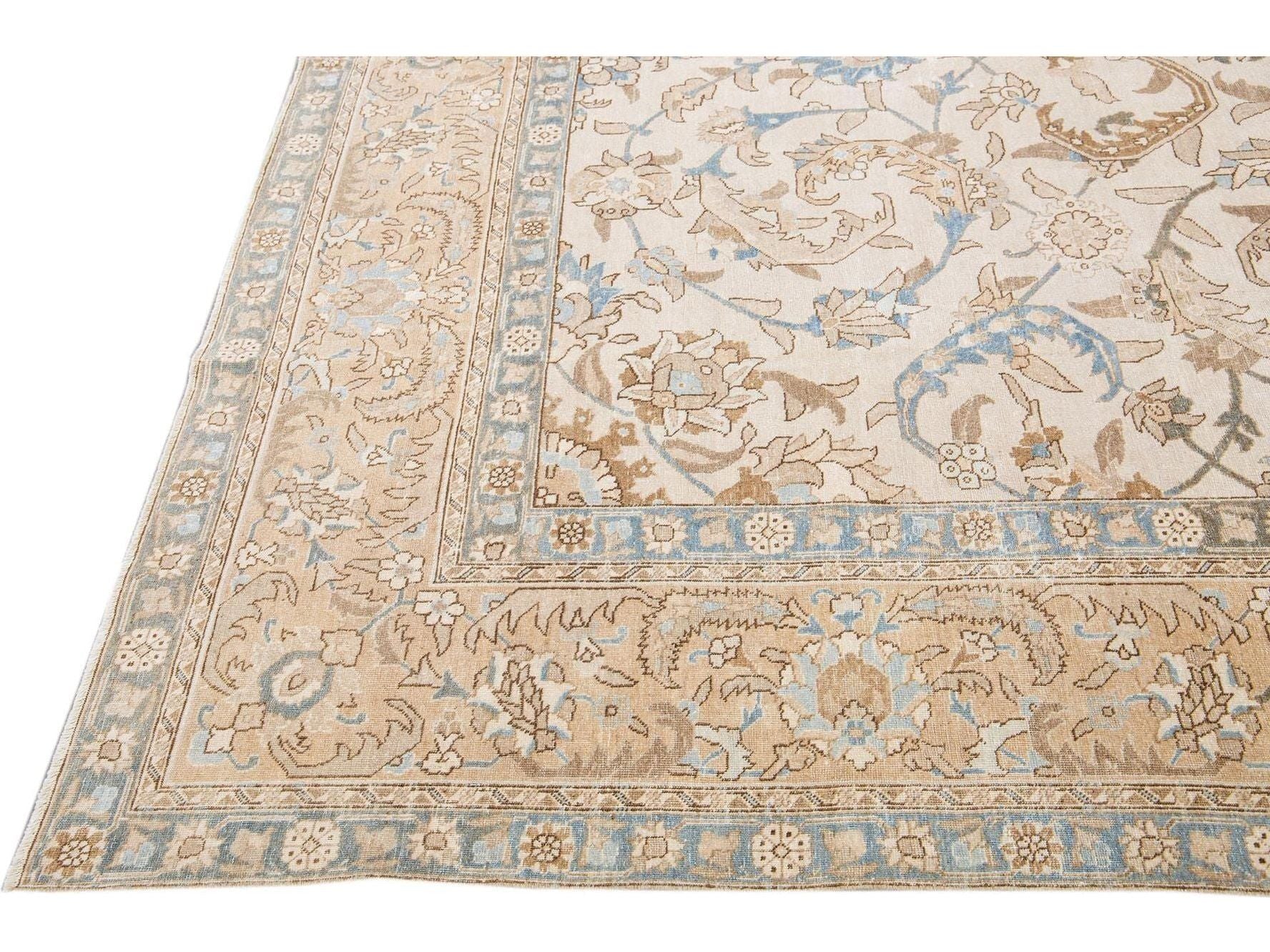 Beige Antique Persian Tabriz Handmade Medallion Floral Motif Wool Rug