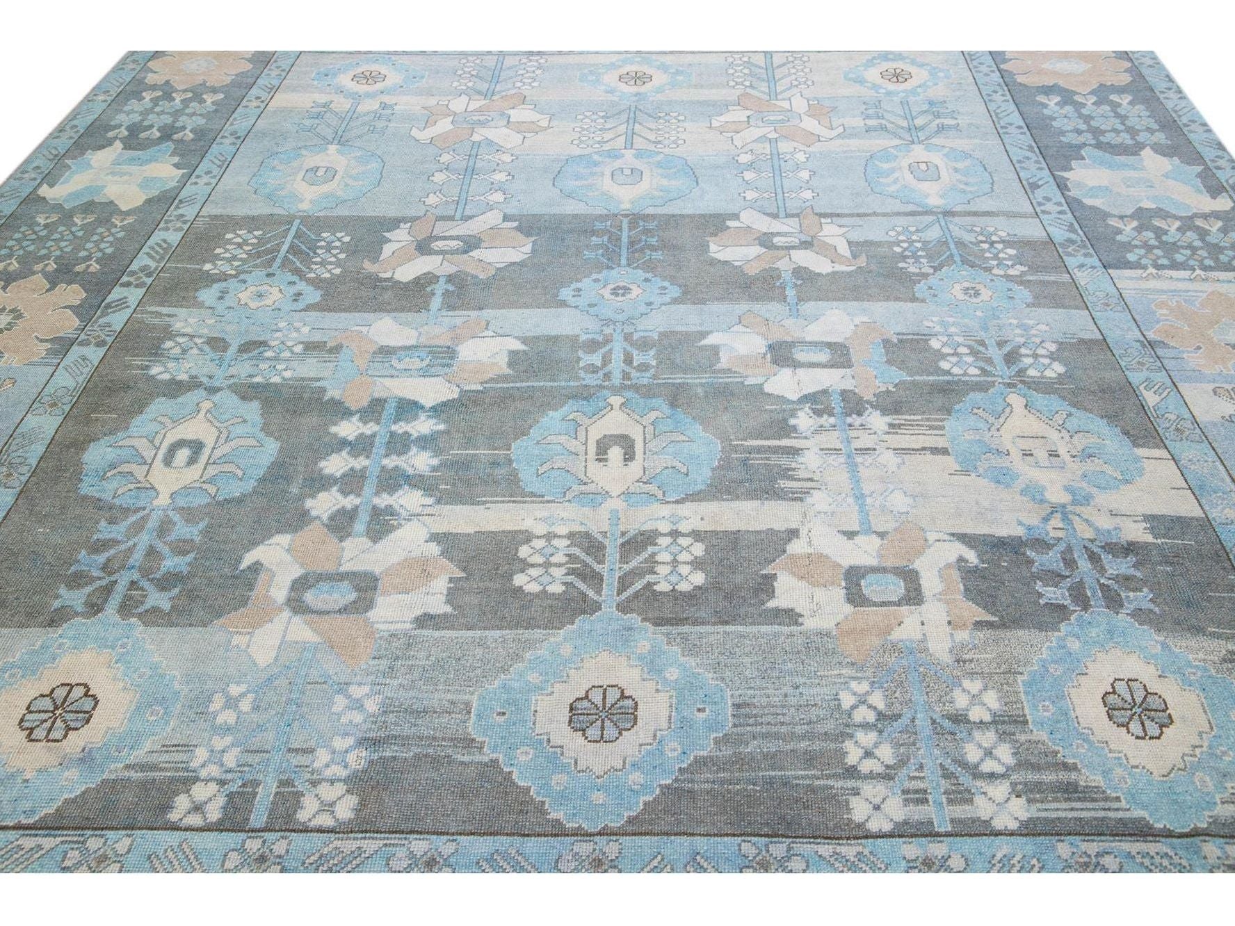 Blue And Gray Vintage Turkish Oushak Handmade Floral Pattern Wool Rug